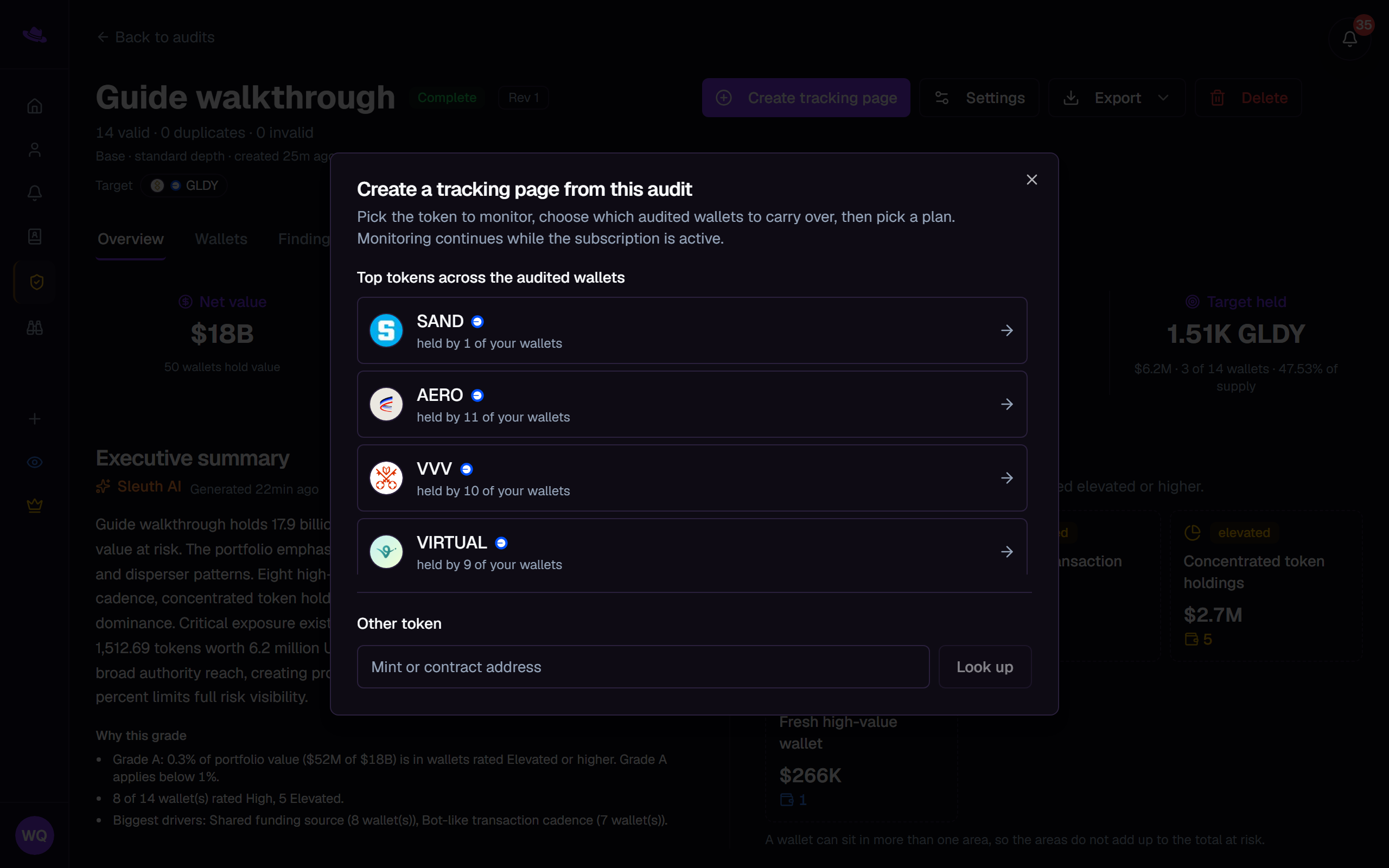 The Create a tracking page from this audit dialog, showing the top tokens to pick from