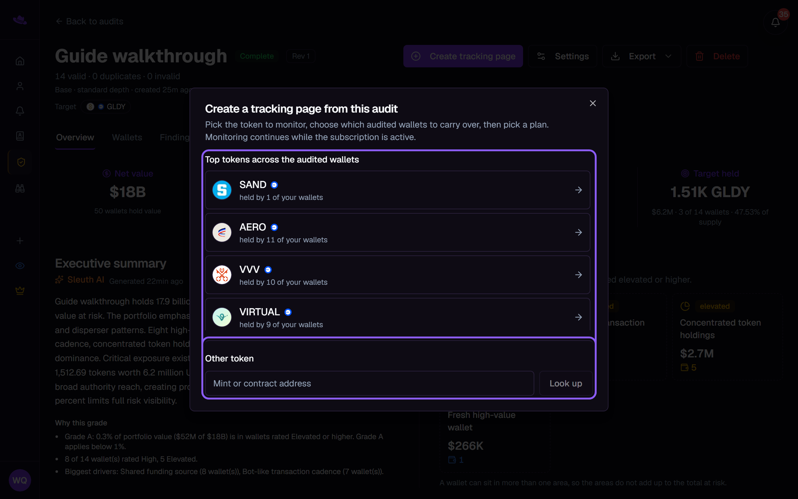 The conversion dialog's token step with the Top tokens list and the Other token field highlighted