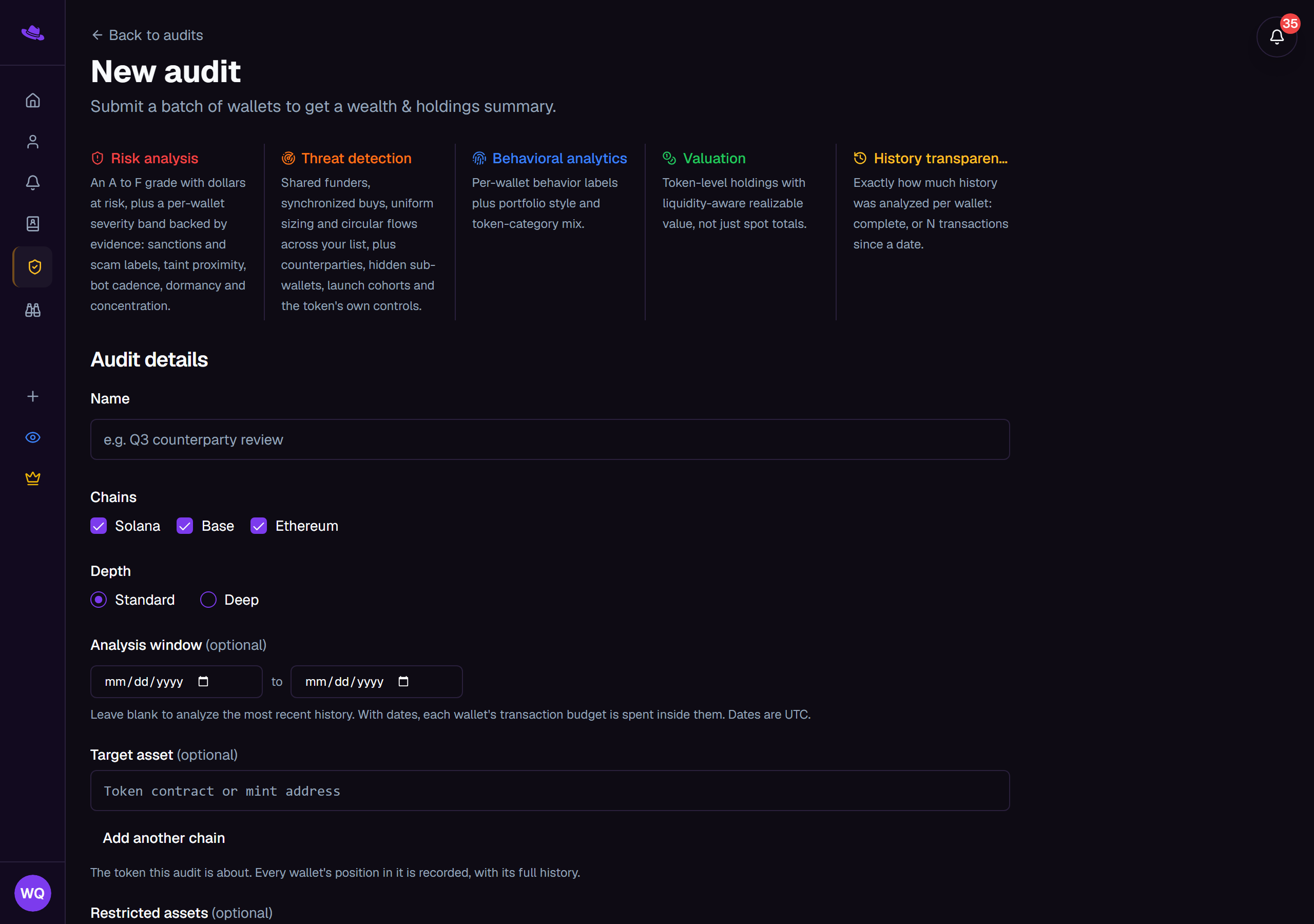 The New audit form with the audit-details fields and the wallet-input tabs
