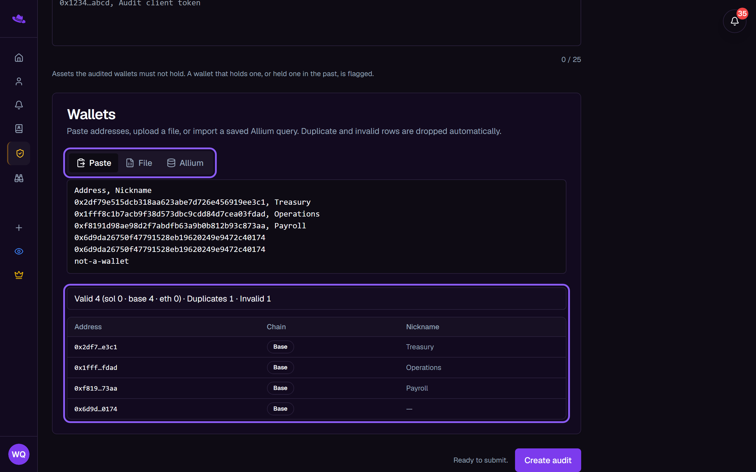 The Paste, File and Allium tabs highlighted above a pasted wallet list, with the valid, duplicate and invalid counts highlighted over the preview table