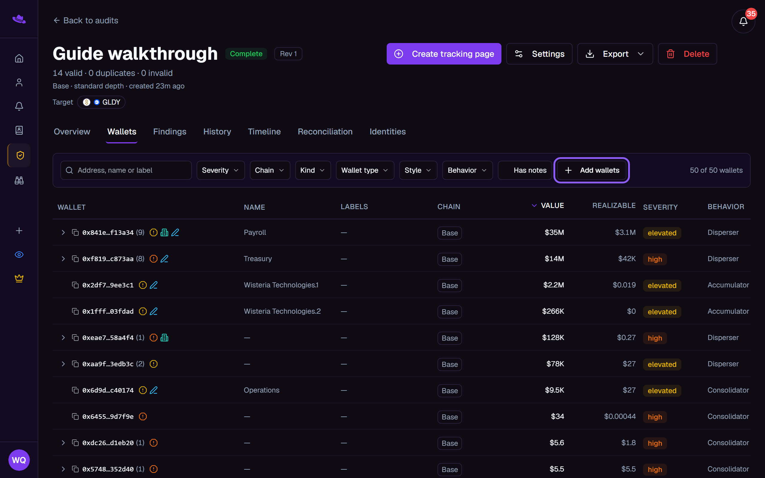 The Wallets tab toolbar with the Add wallets button highlighted