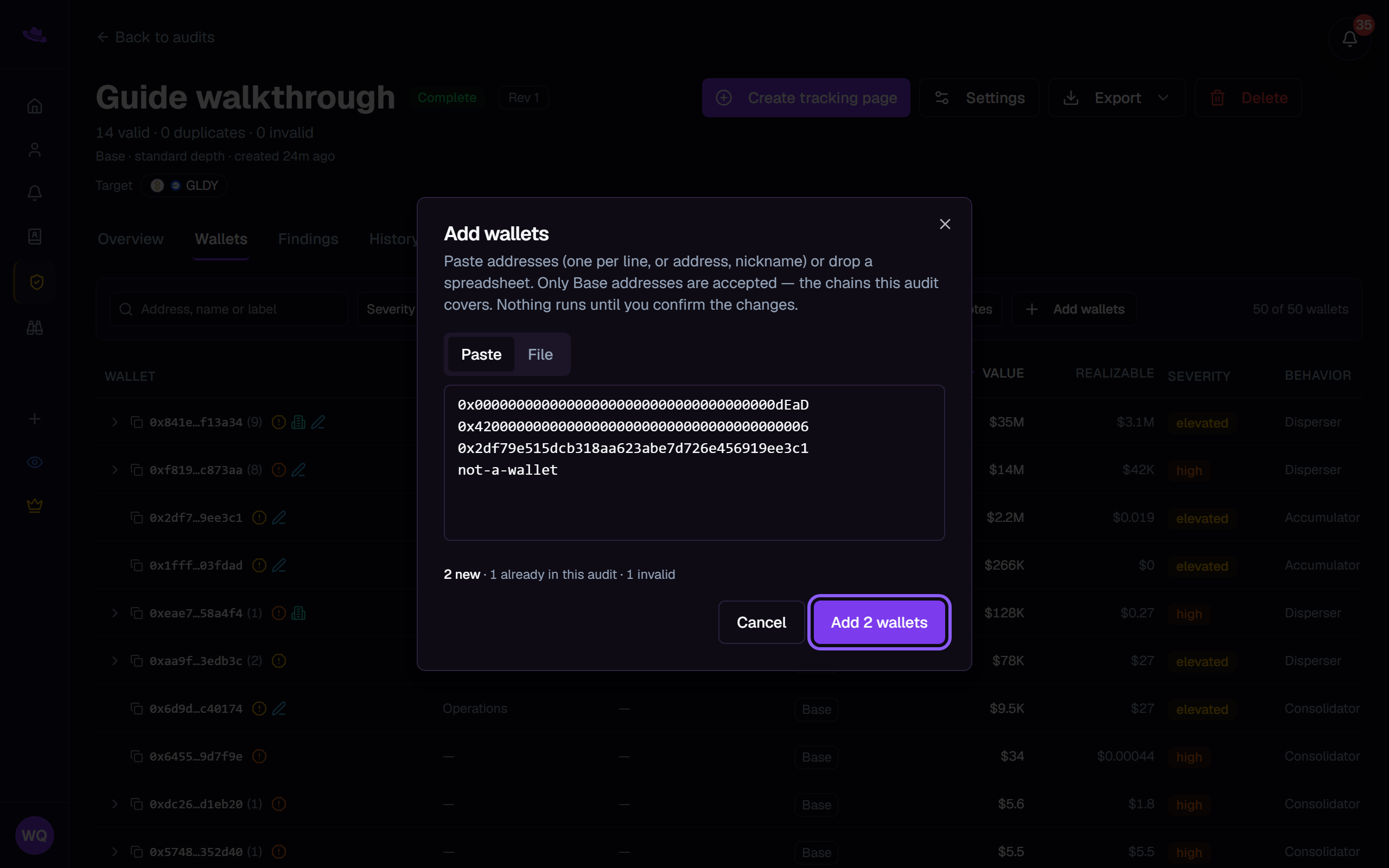 The Add wallets dialog with pasted addresses, the new, already in this audit and invalid counts, and the add button highlighted
