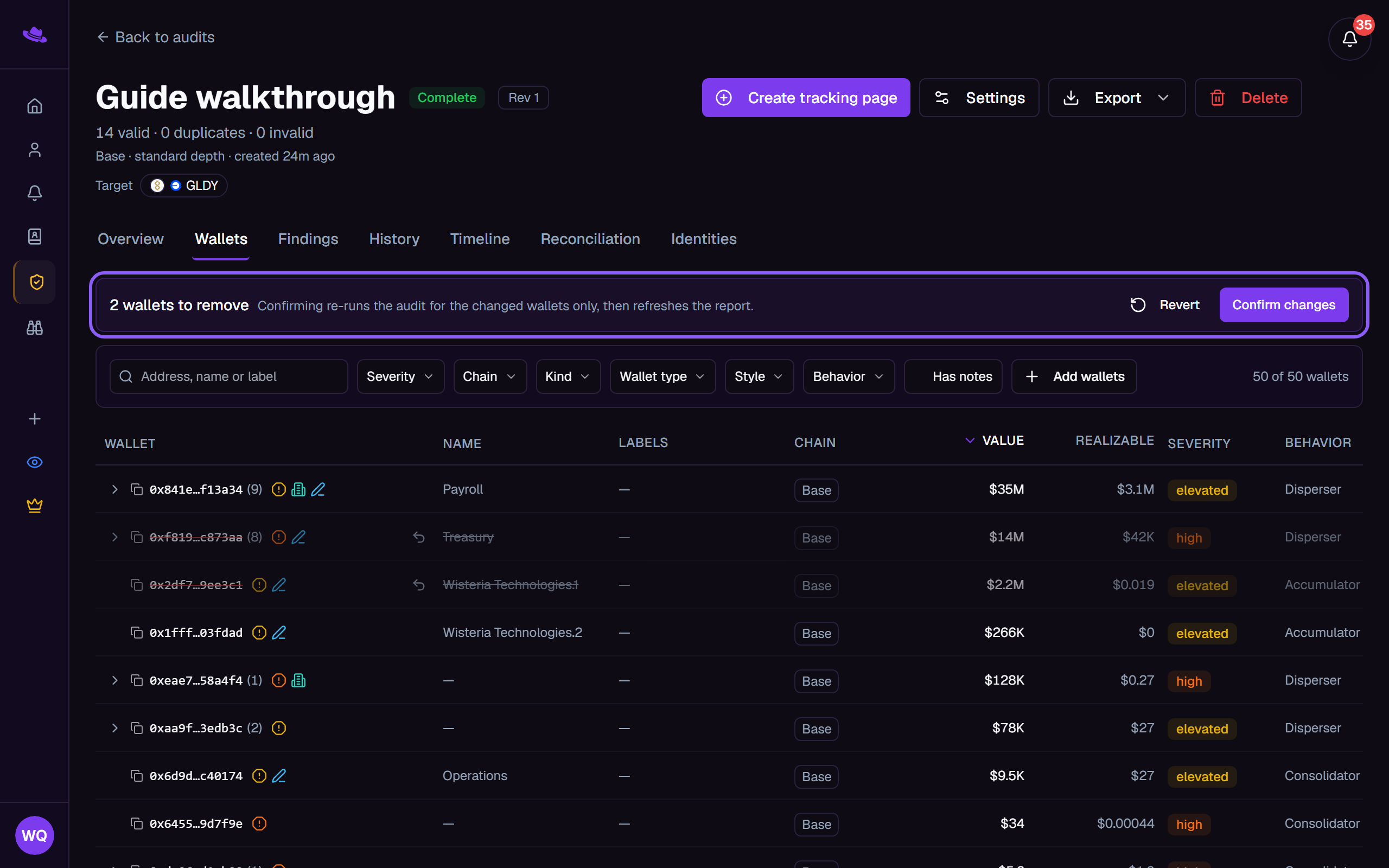 The queued-changes banner highlighted with Revert and Confirm changes, above two rows struck through for removal