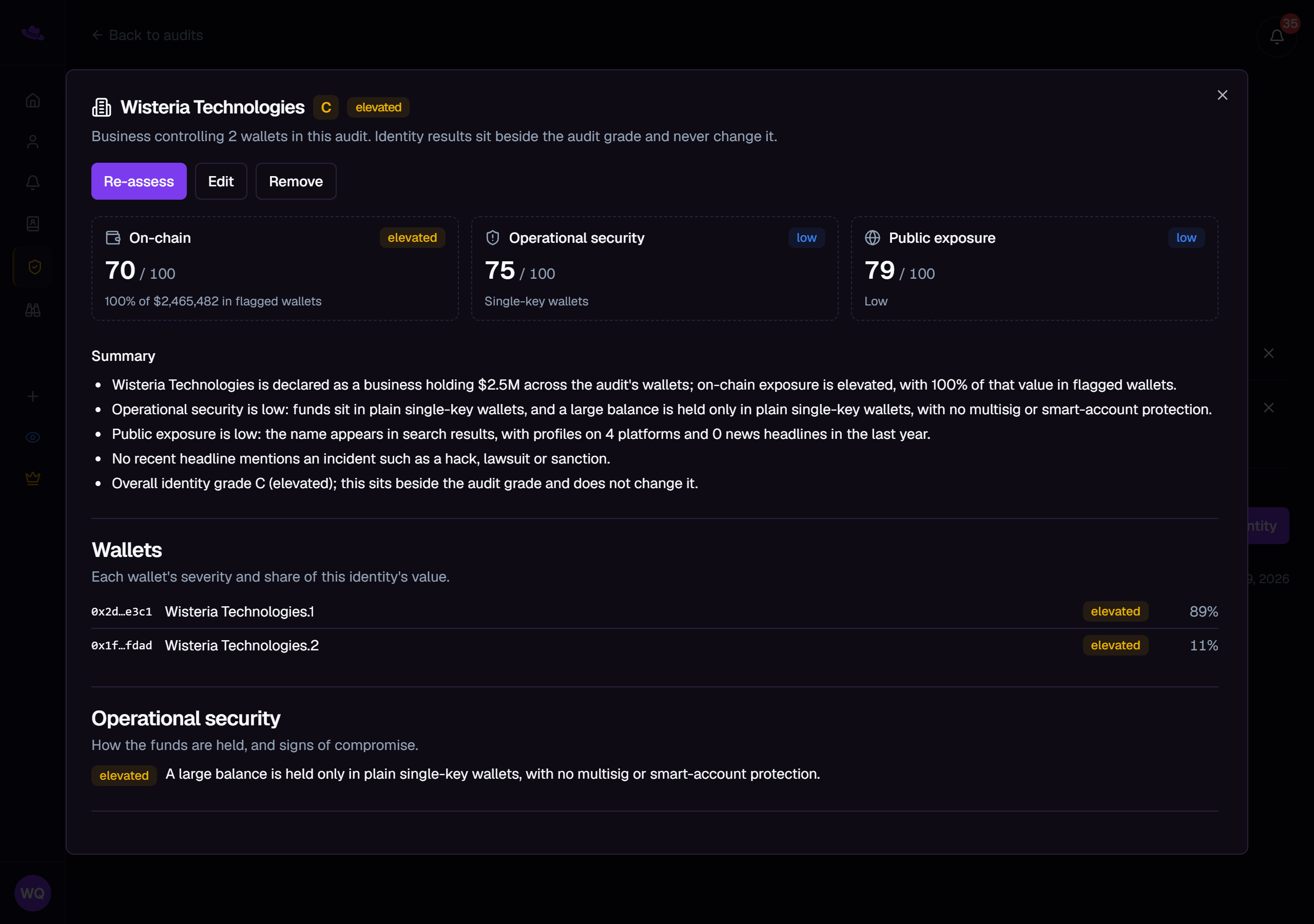 An assessed identity's detail view with its on-chain, operational security and public exposure scores, summary and wallets