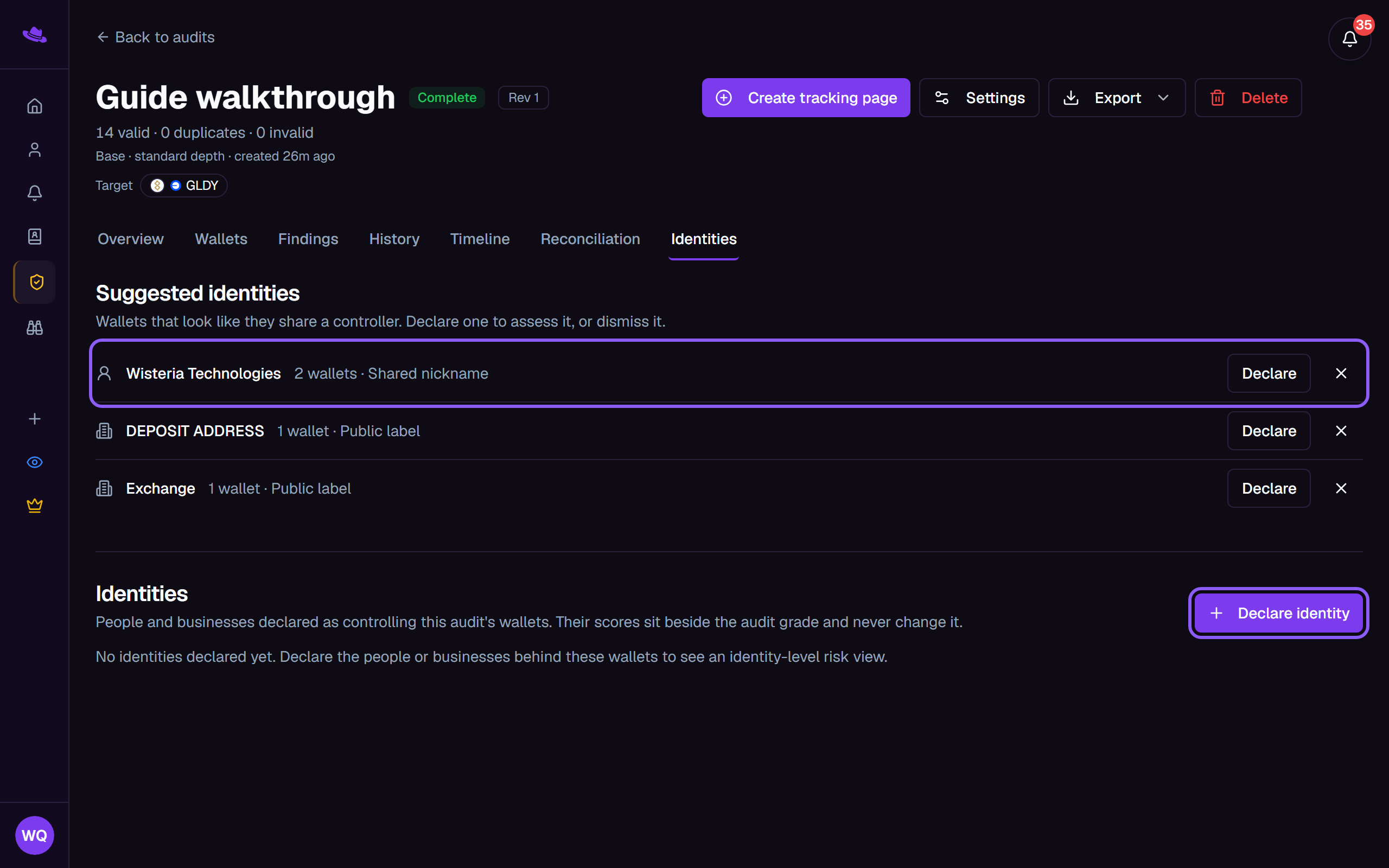 A suggested identity and the Declare identity button highlighted on the Identities tab