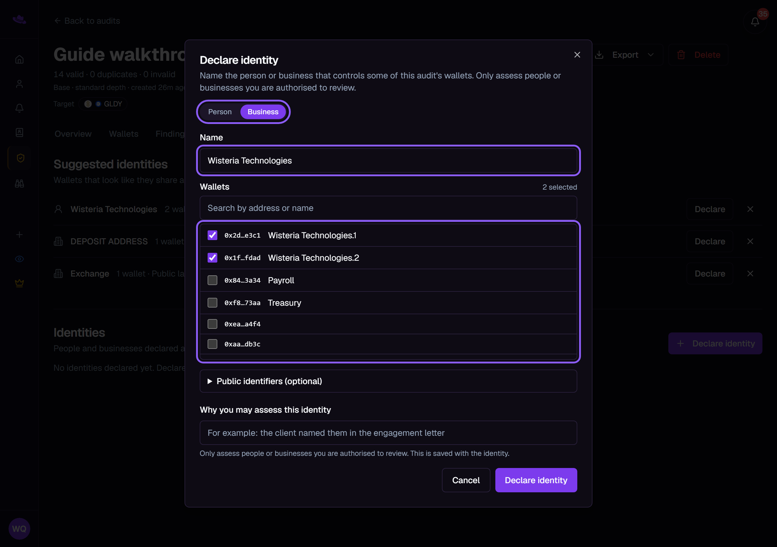 The Declare identity dialog with Business chosen, the name filled in and two wallets ticked, each highlighted