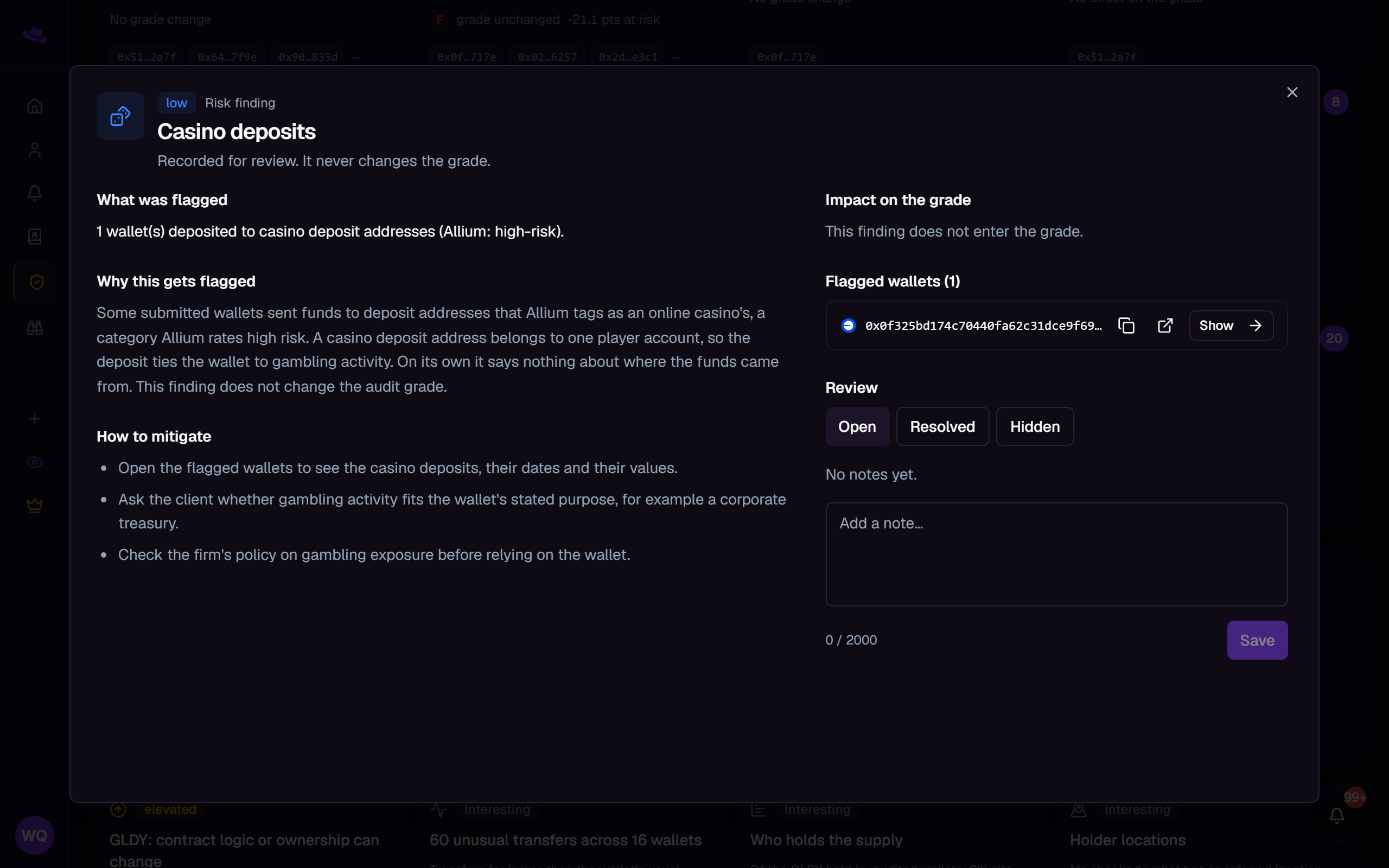The Casino deposits finding opened: a low severity risk finding recorded for review that never changes the grade