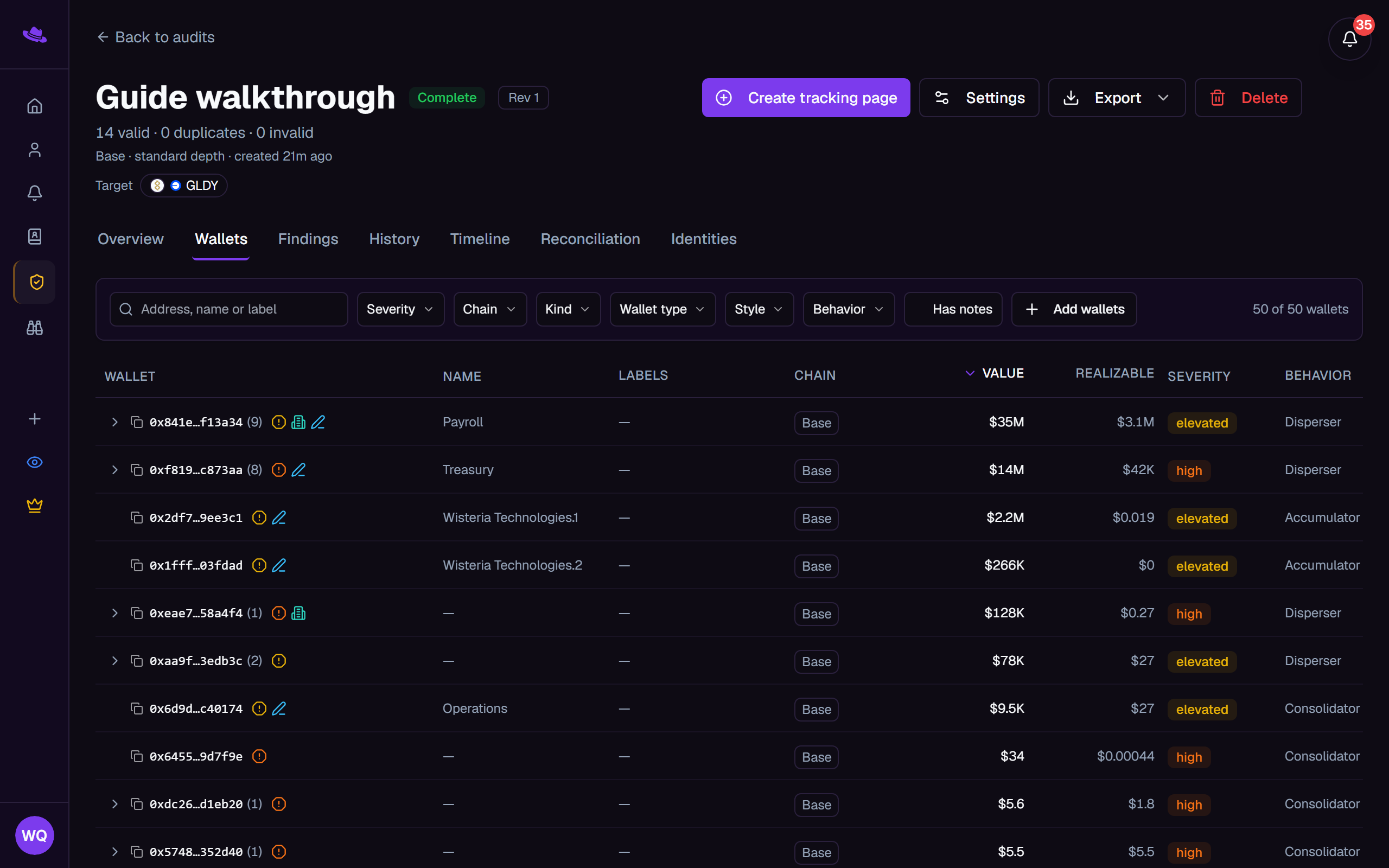The Wallets tab: the search and filter toolbar above the wallet tree