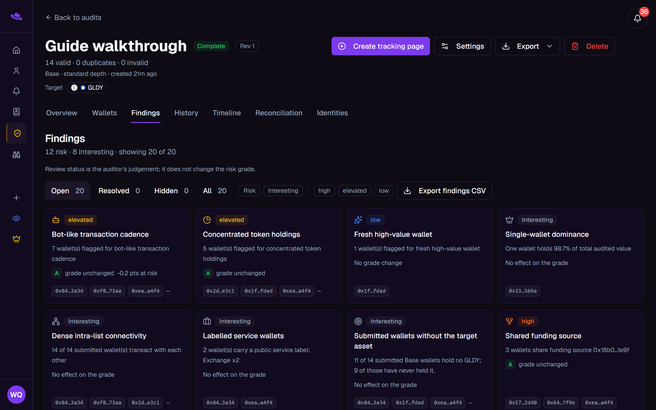 The Findings tab: the review-status and type filters above a grid of finding cards