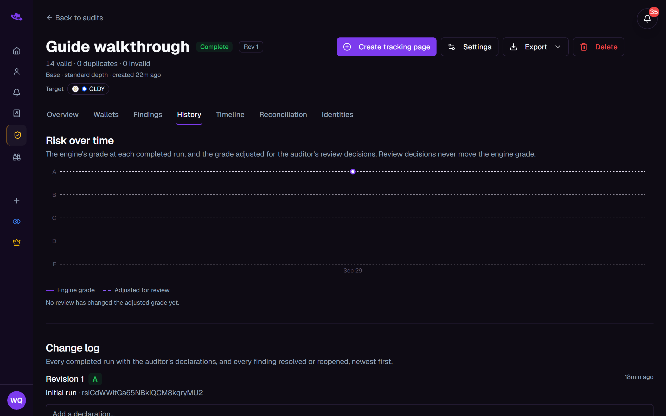 The History tab: the Risk over time chart above the change log