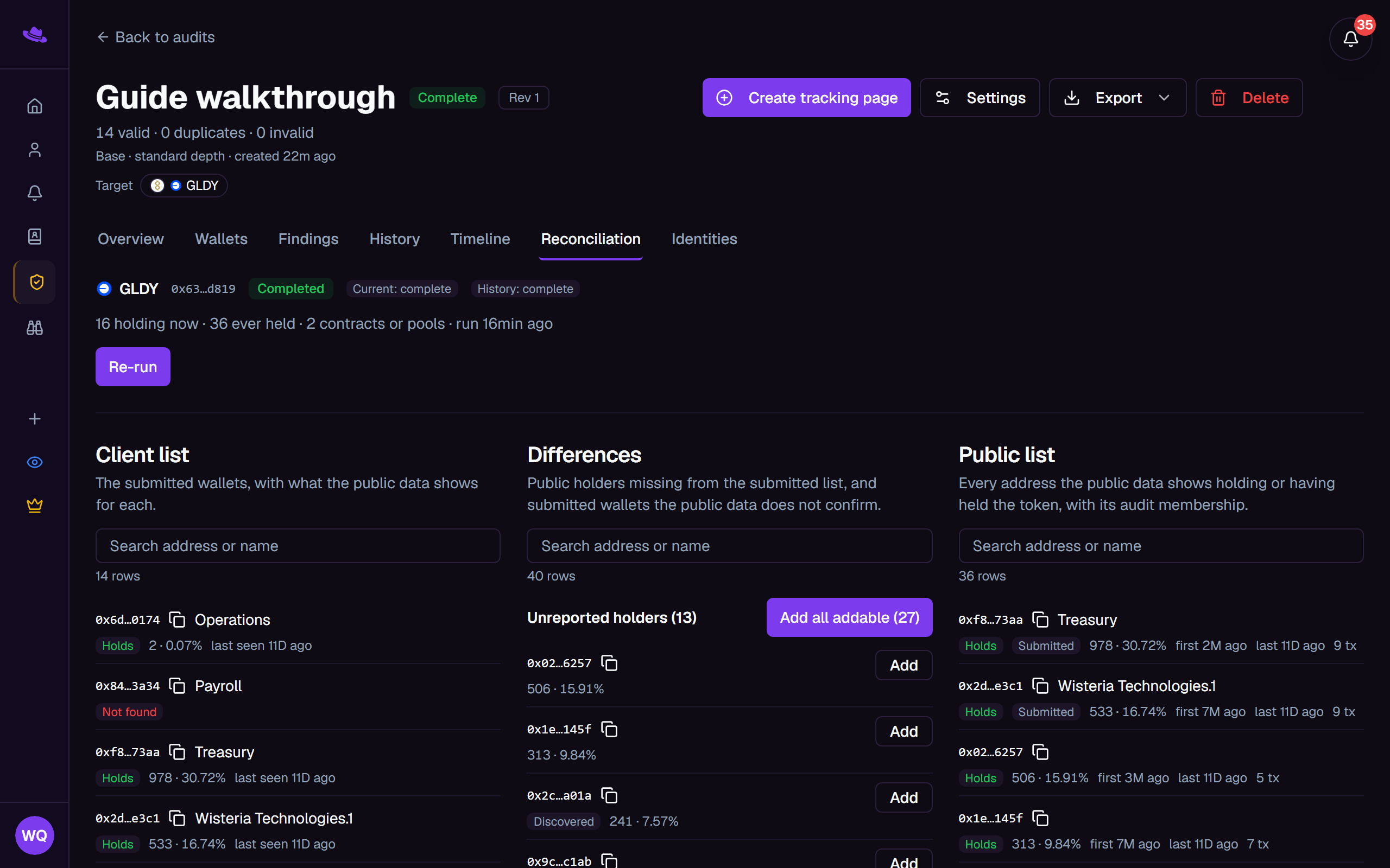 The Reconciliation tab: the target token's status line above the Client list, Differences, and Public list columns
