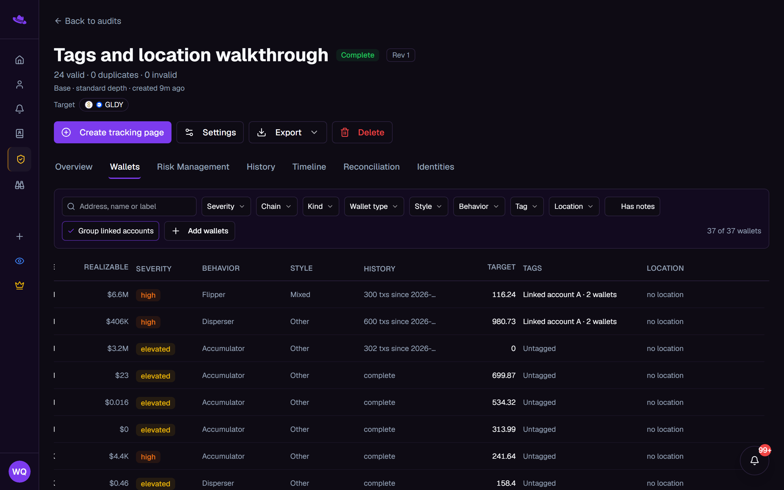 The Wallets tab scrolled to its Tags and Location columns, with Group linked accounts on: two wallets in Linked account A, the rest untagged with no location