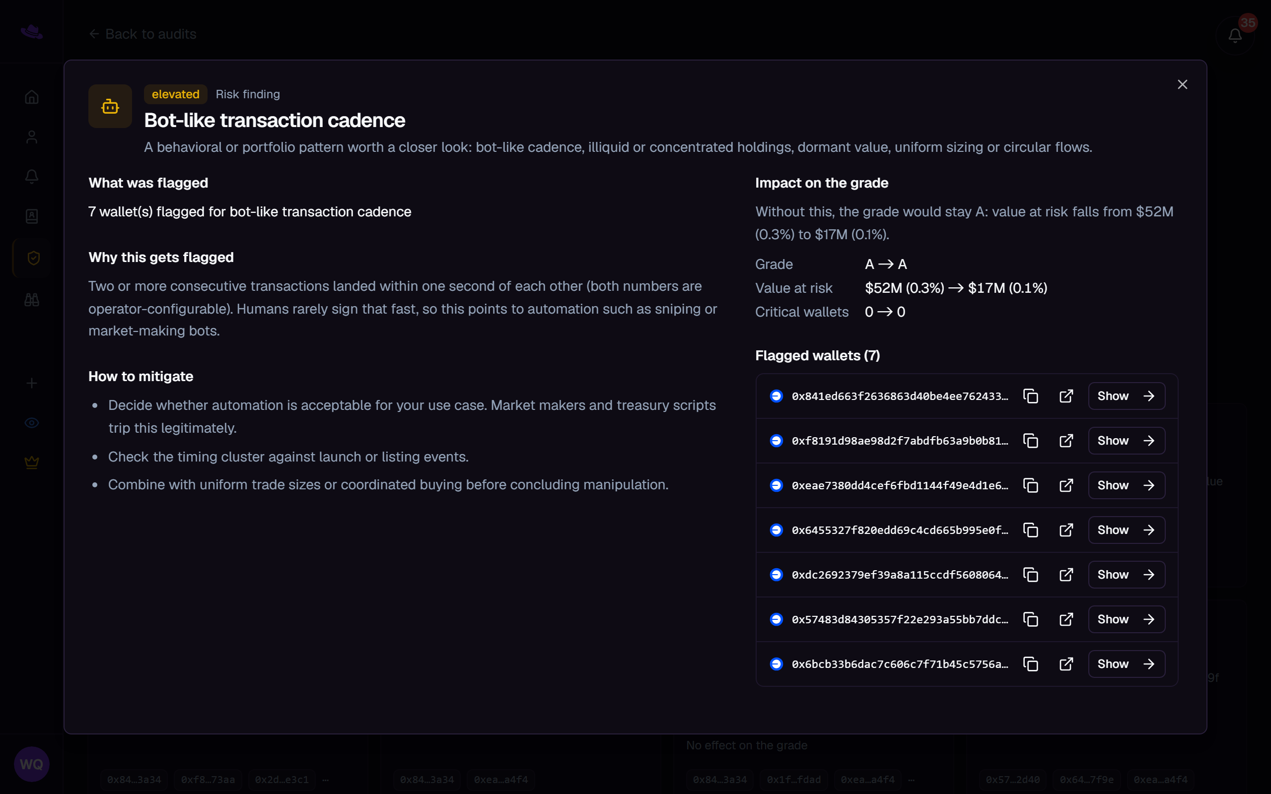 A finding's inspect dialog: what was flagged, why, how to mitigate it, and the Review panel