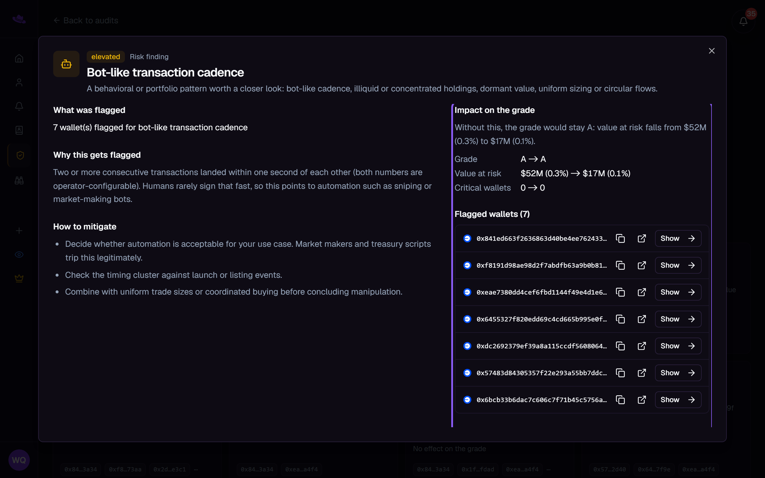The finding dialog with its Impact on the grade block and flagged wallets highlighted