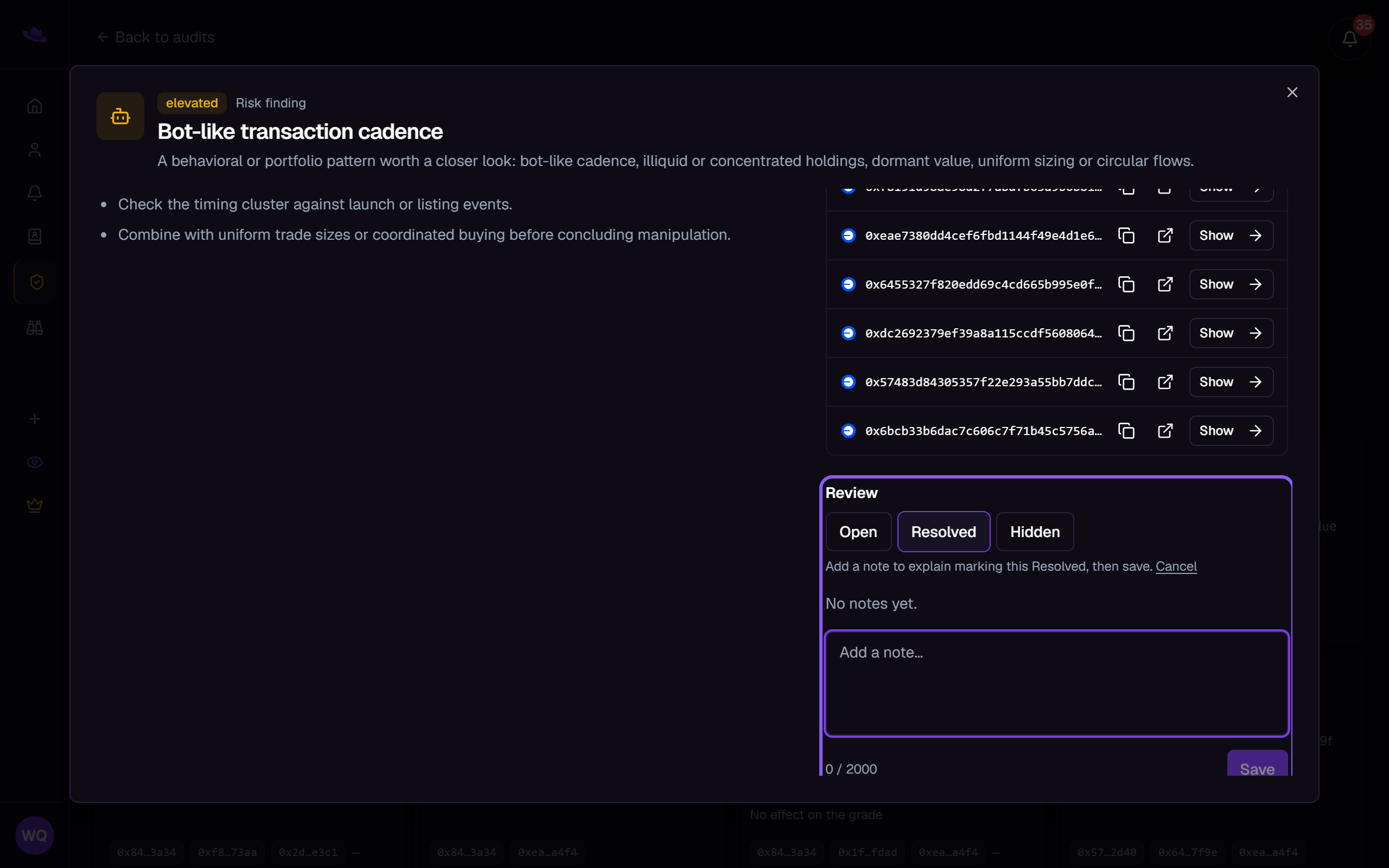 The Review panel highlighted with Resolved selected and the note field ready