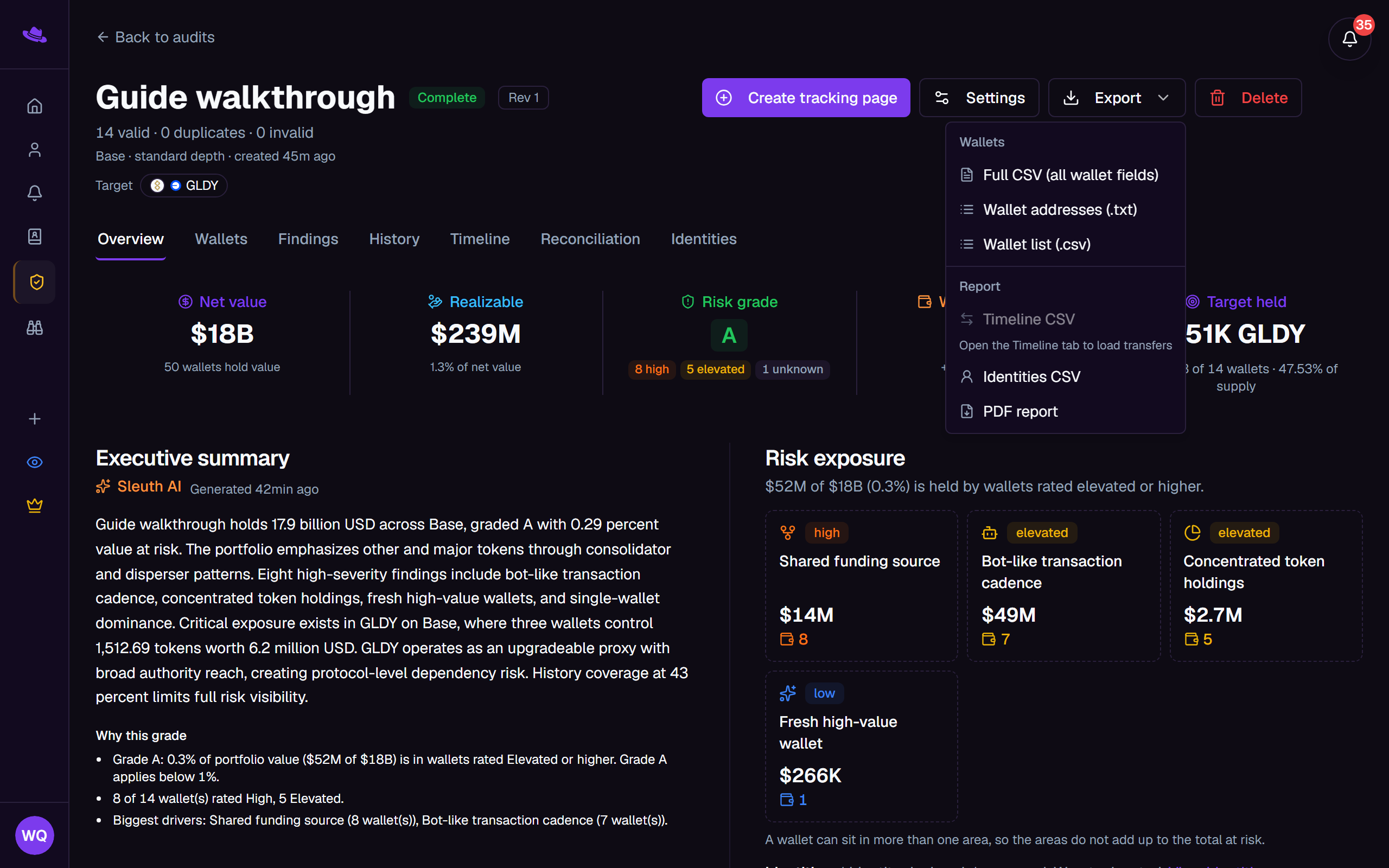 The report header's Export menu open, listing the wallet and report download options