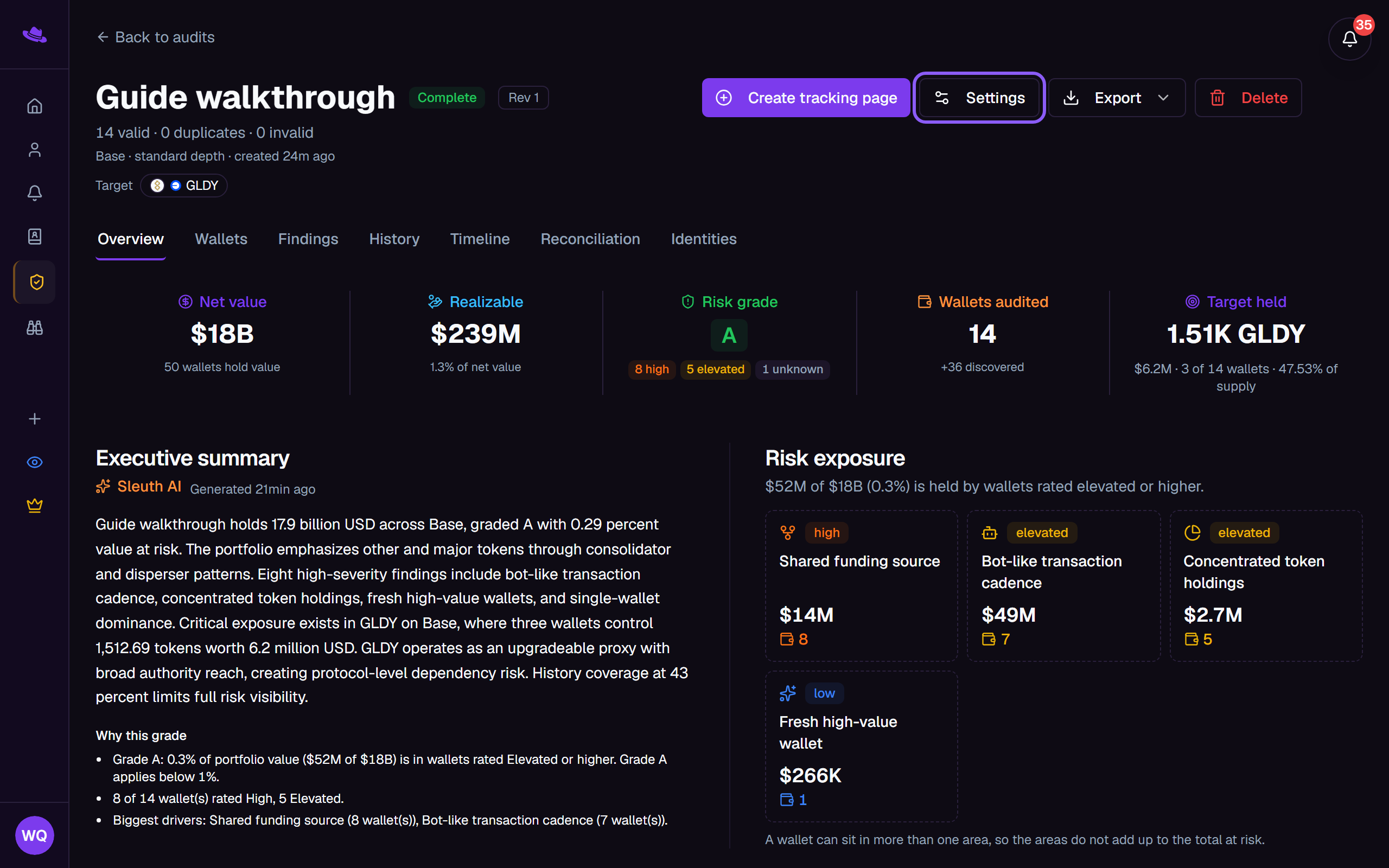 The report header with the Settings button highlighted