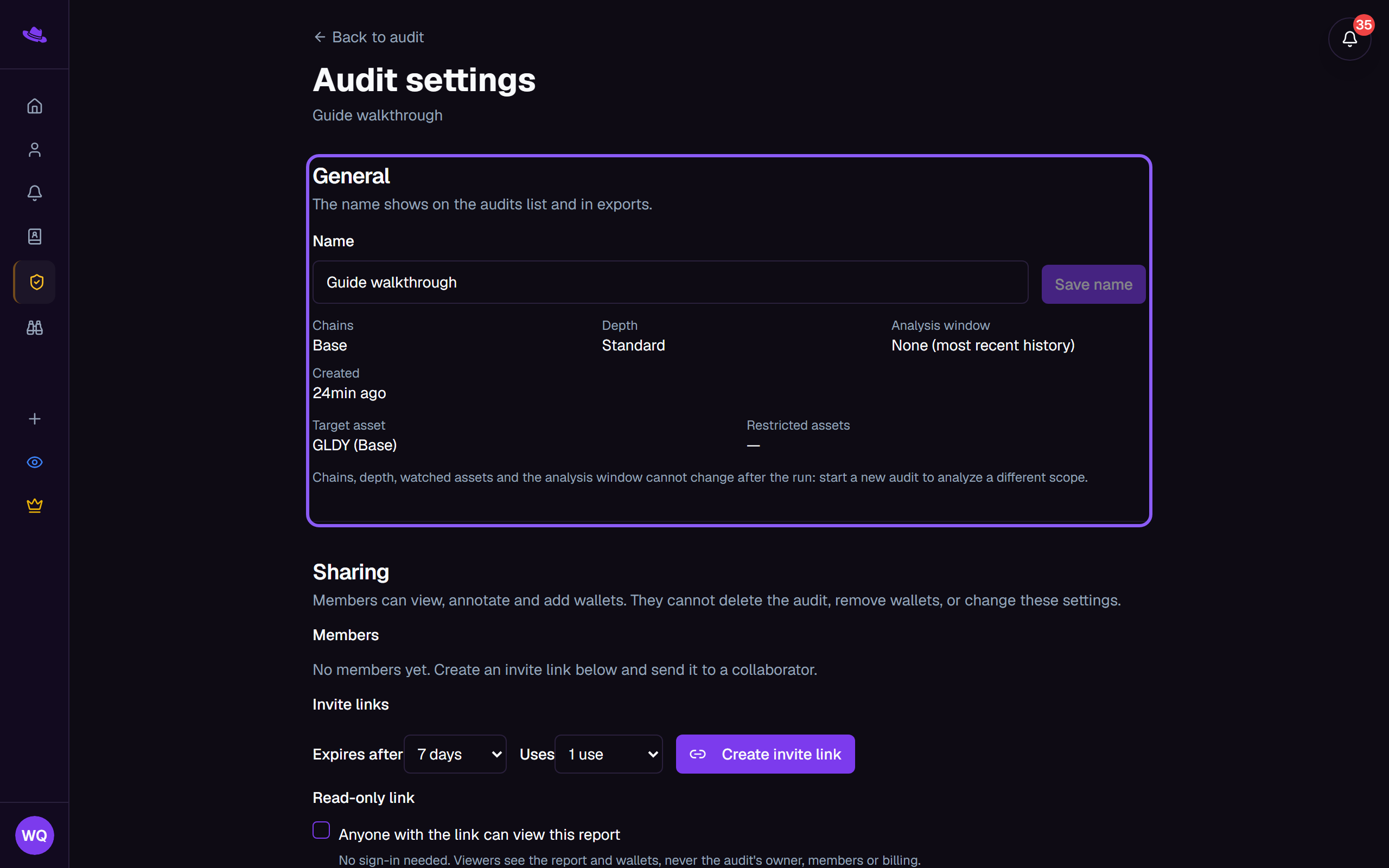 The Audit settings page with the General section highlighted