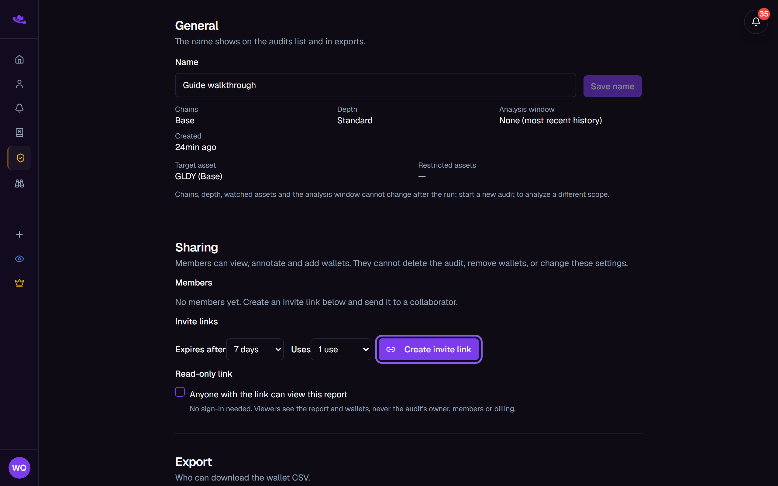 The Sharing section's invite link controls, expiry, use limit and Create invite link, highlighted
