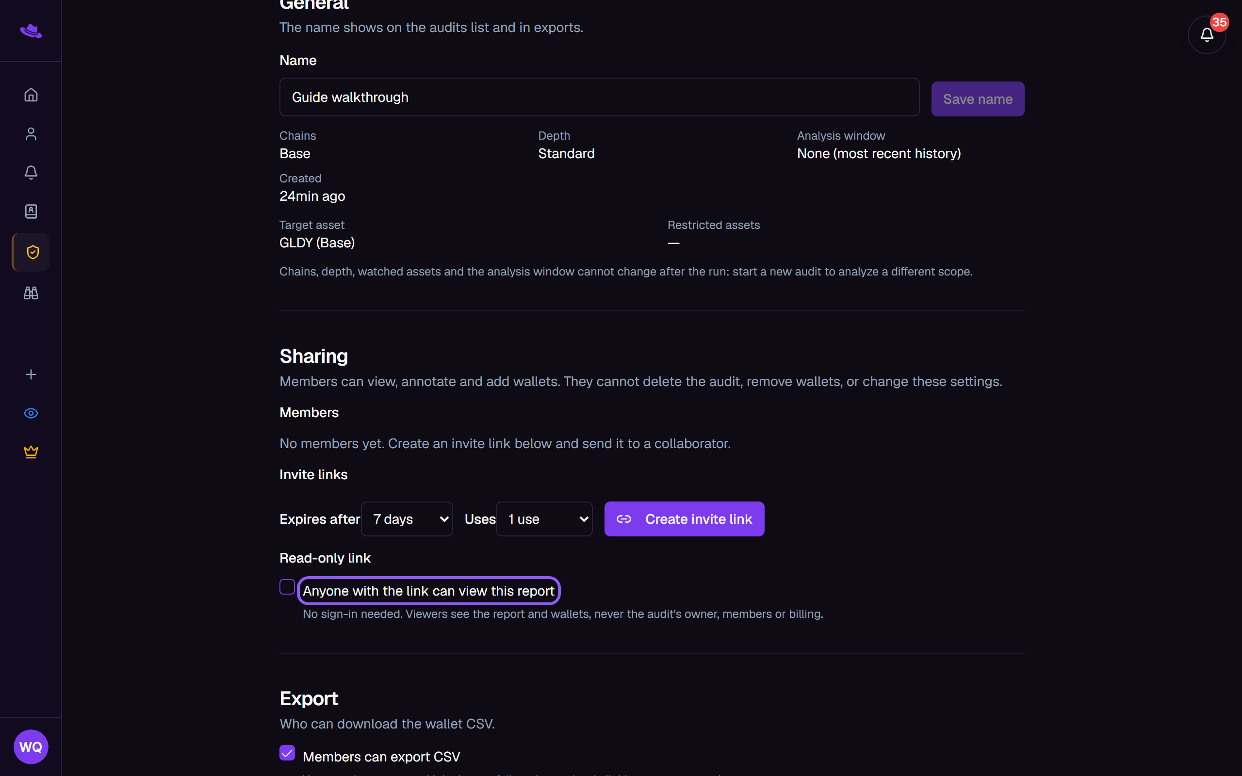 The read-only link toggle highlighted in the Sharing section