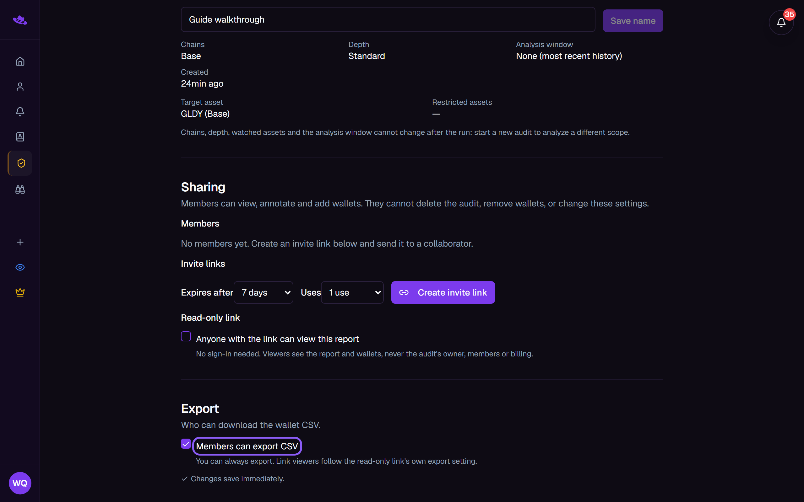 The Export section with Members can export CSV highlighted