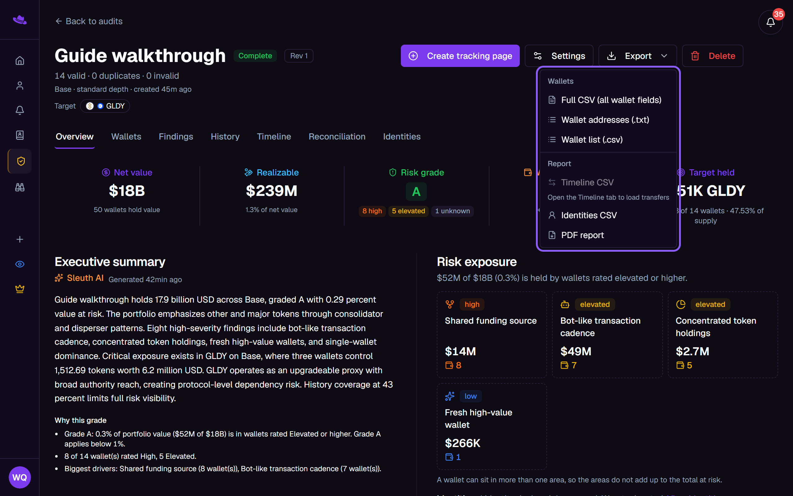 The Export menu open and highlighted, listing the wallet and report downloads