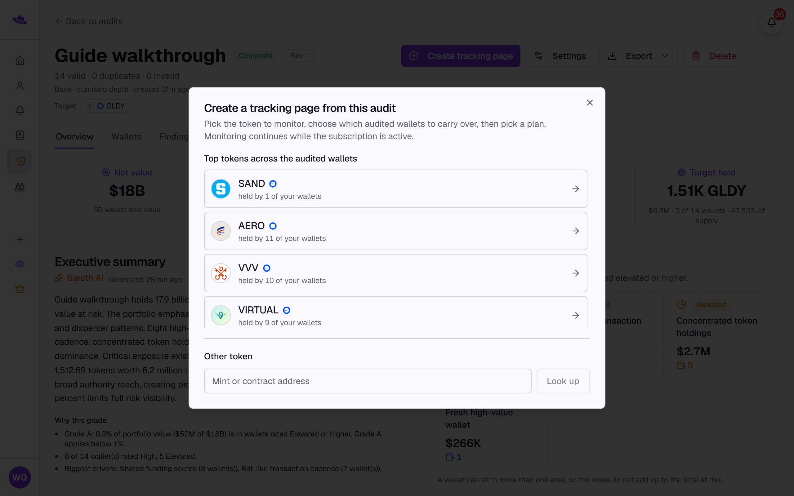 The Create a tracking page from this audit dialog, showing the top tokens to pick from