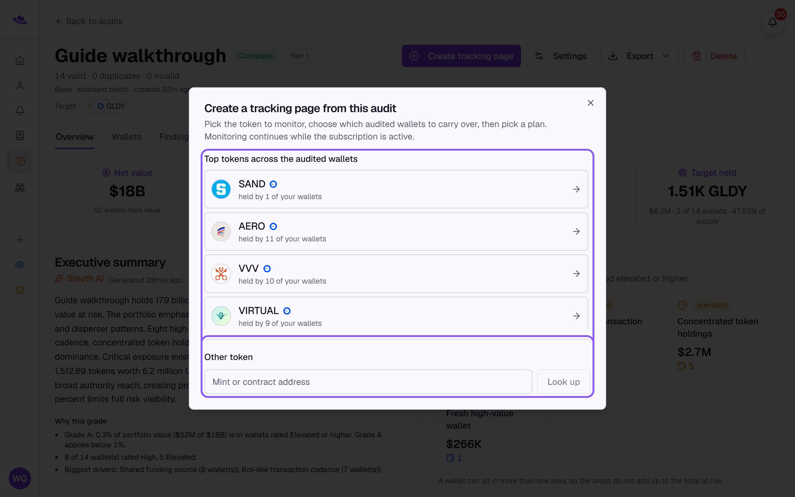 The conversion dialog's token step with the Top tokens list and the Other token field highlighted