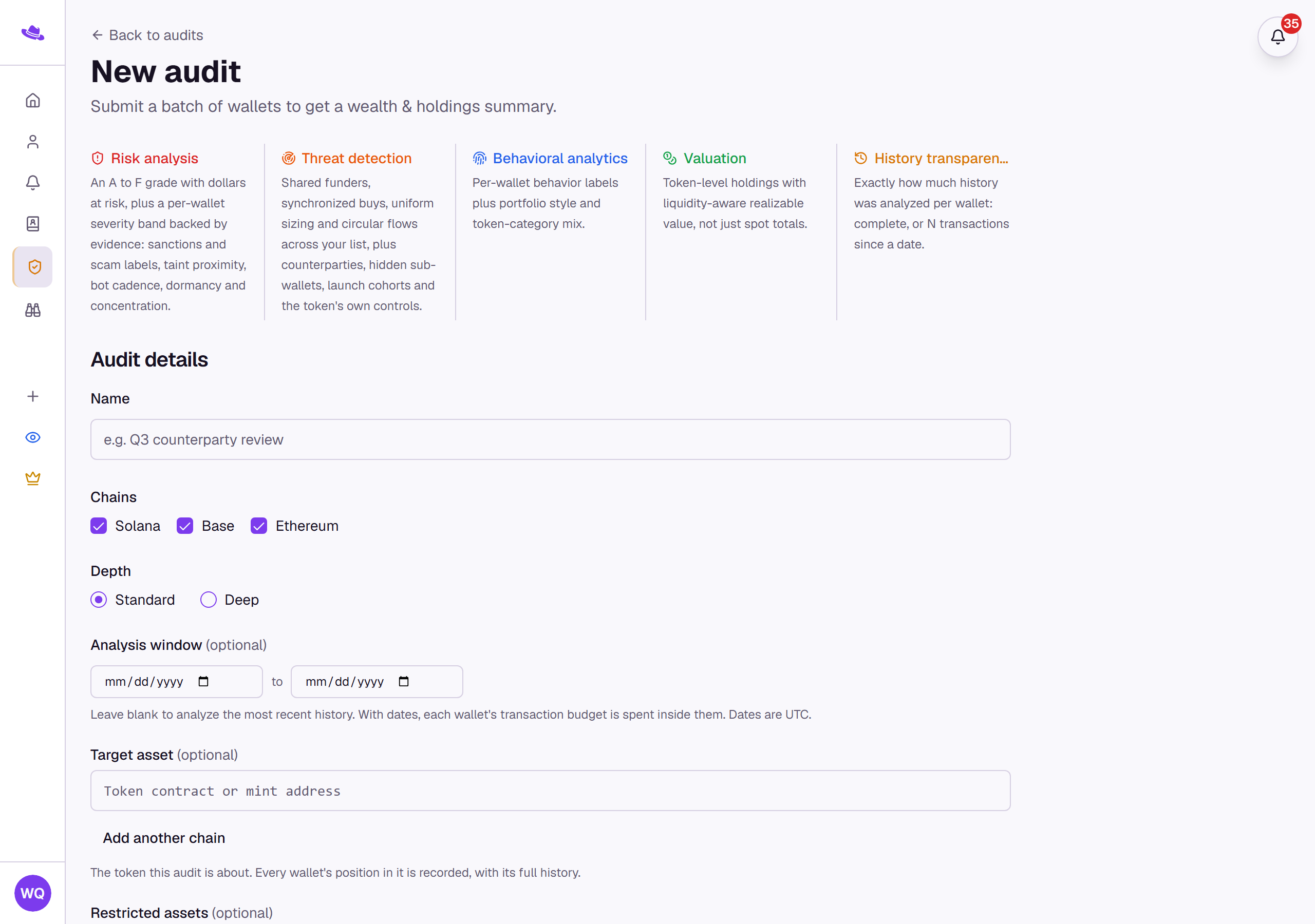 The New audit form with the audit-details fields and the wallet-input tabs