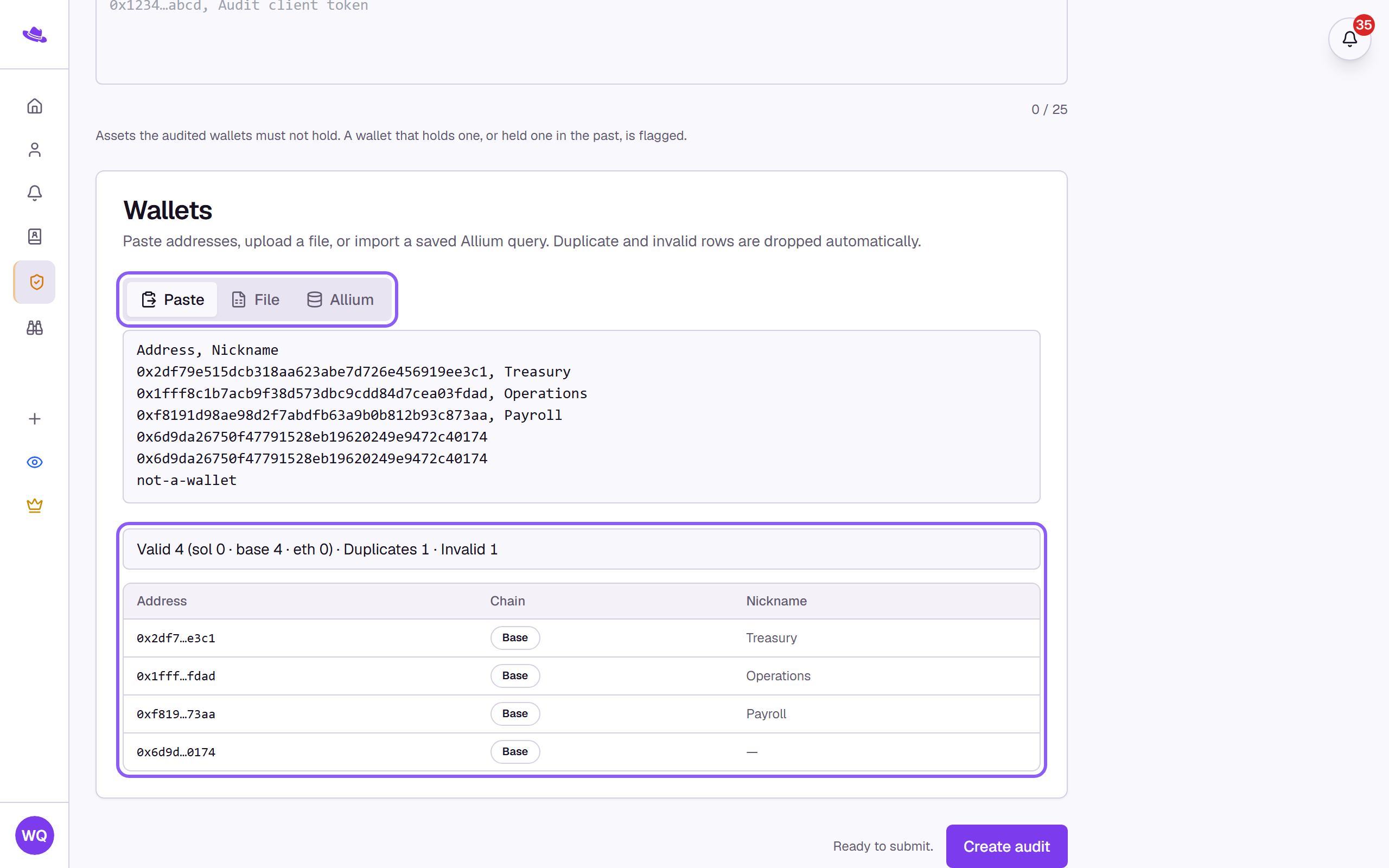The Paste, File and Allium tabs highlighted above a pasted wallet list, with the valid, duplicate and invalid counts highlighted over the preview table