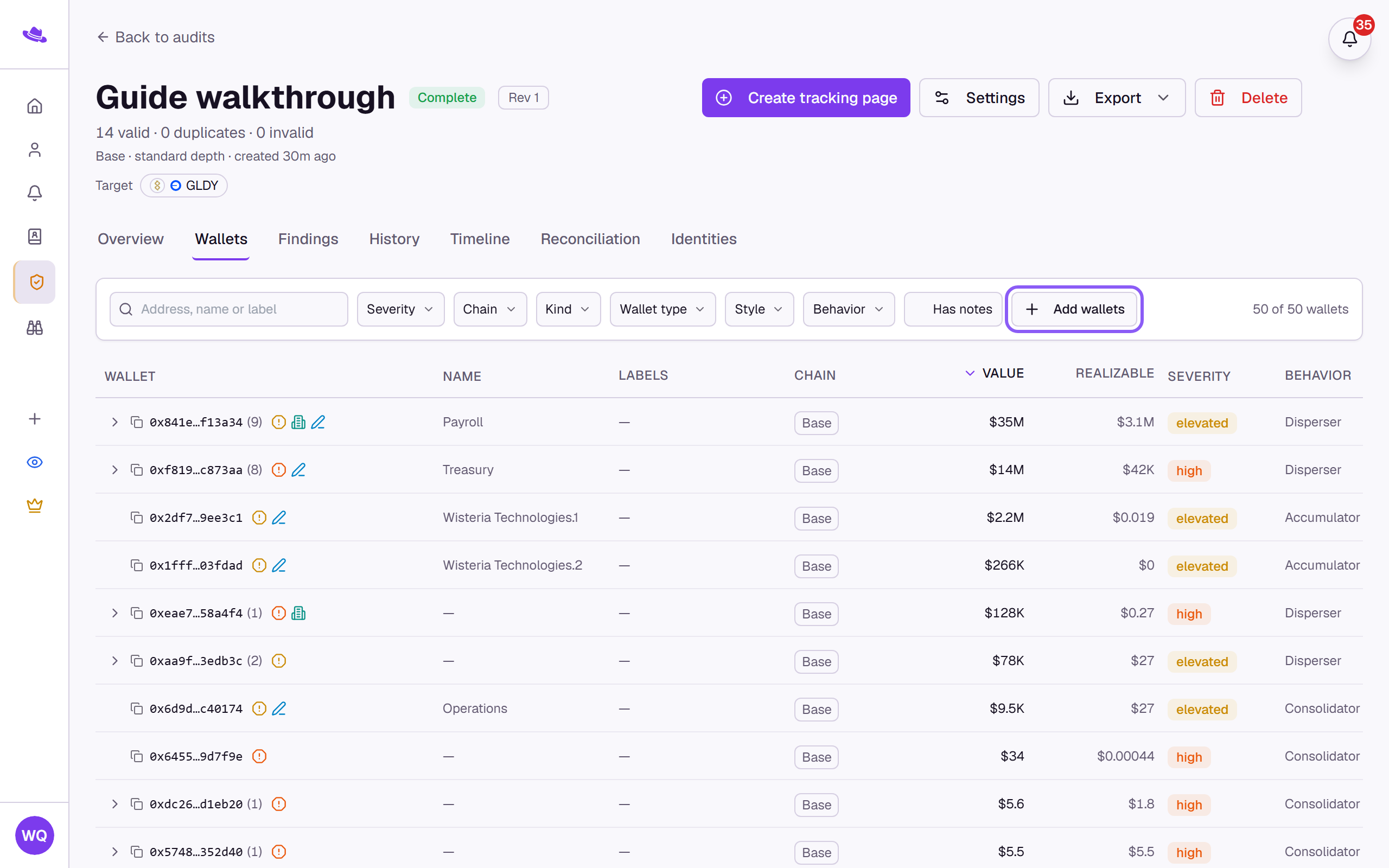 The Wallets tab toolbar with the Add wallets button highlighted