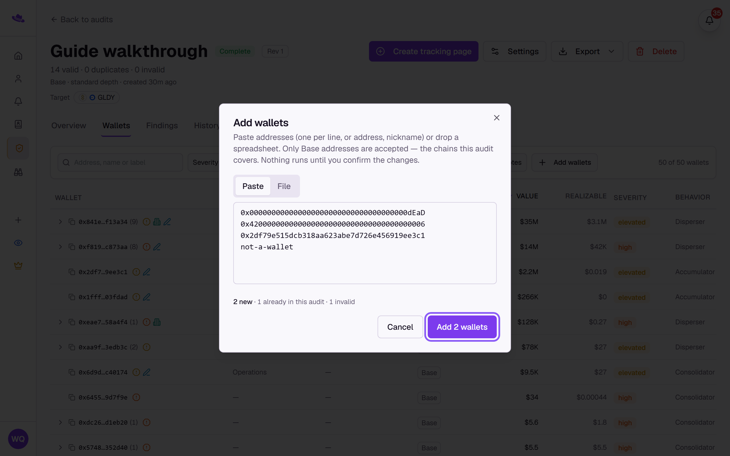 The Add wallets dialog with pasted addresses, the new, already in this audit and invalid counts, and the add button highlighted
