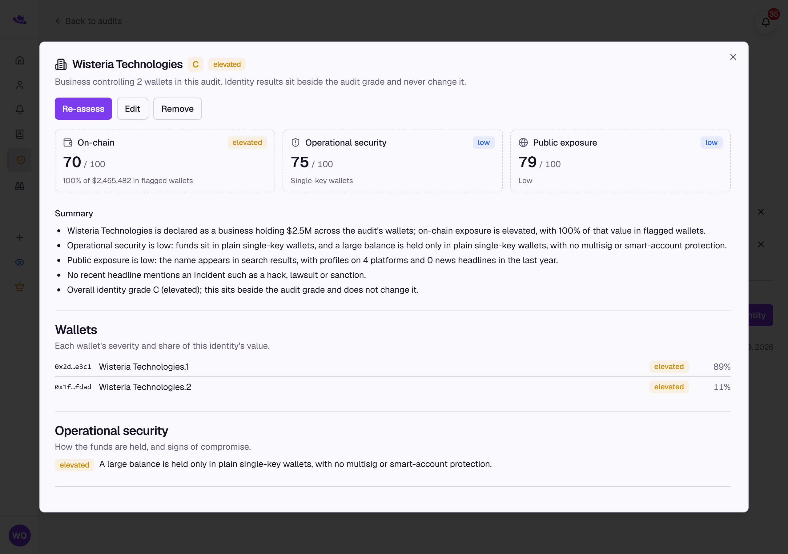 An assessed identity's detail view with its on-chain, operational security and public exposure scores, summary and wallets