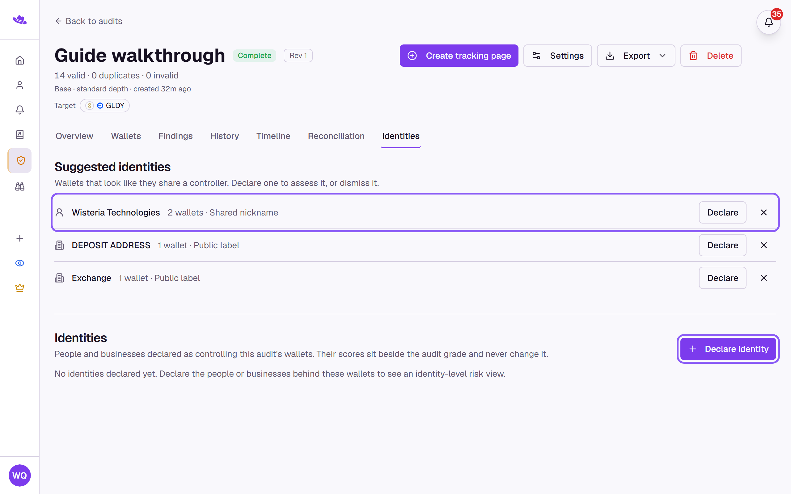 A suggested identity and the Declare identity button highlighted on the Identities tab
