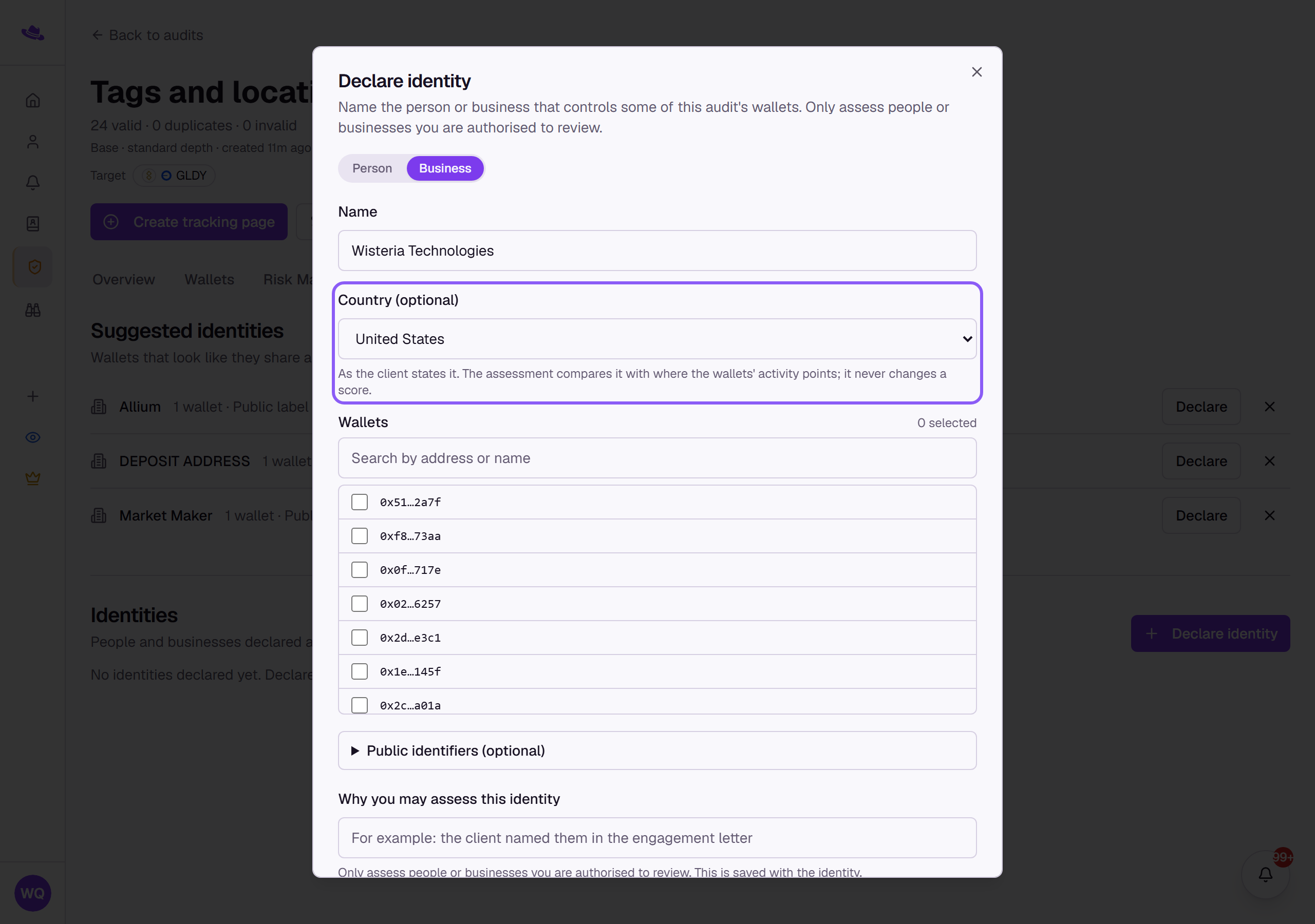 The Country (optional) select in the Declare identity dialog, highlighted, with a country chosen