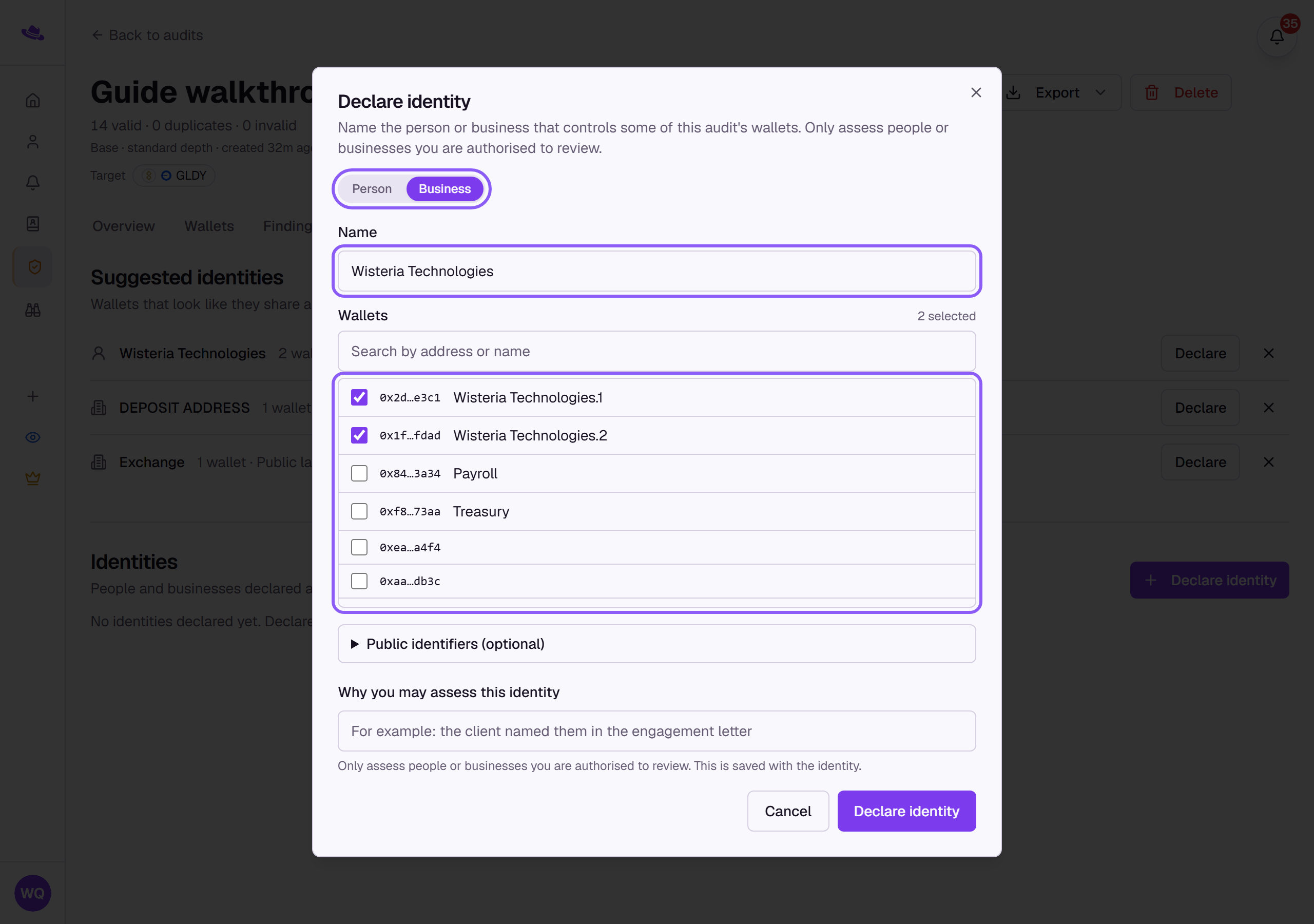 The Declare identity dialog with Business chosen, the name filled in and two wallets ticked, each highlighted
