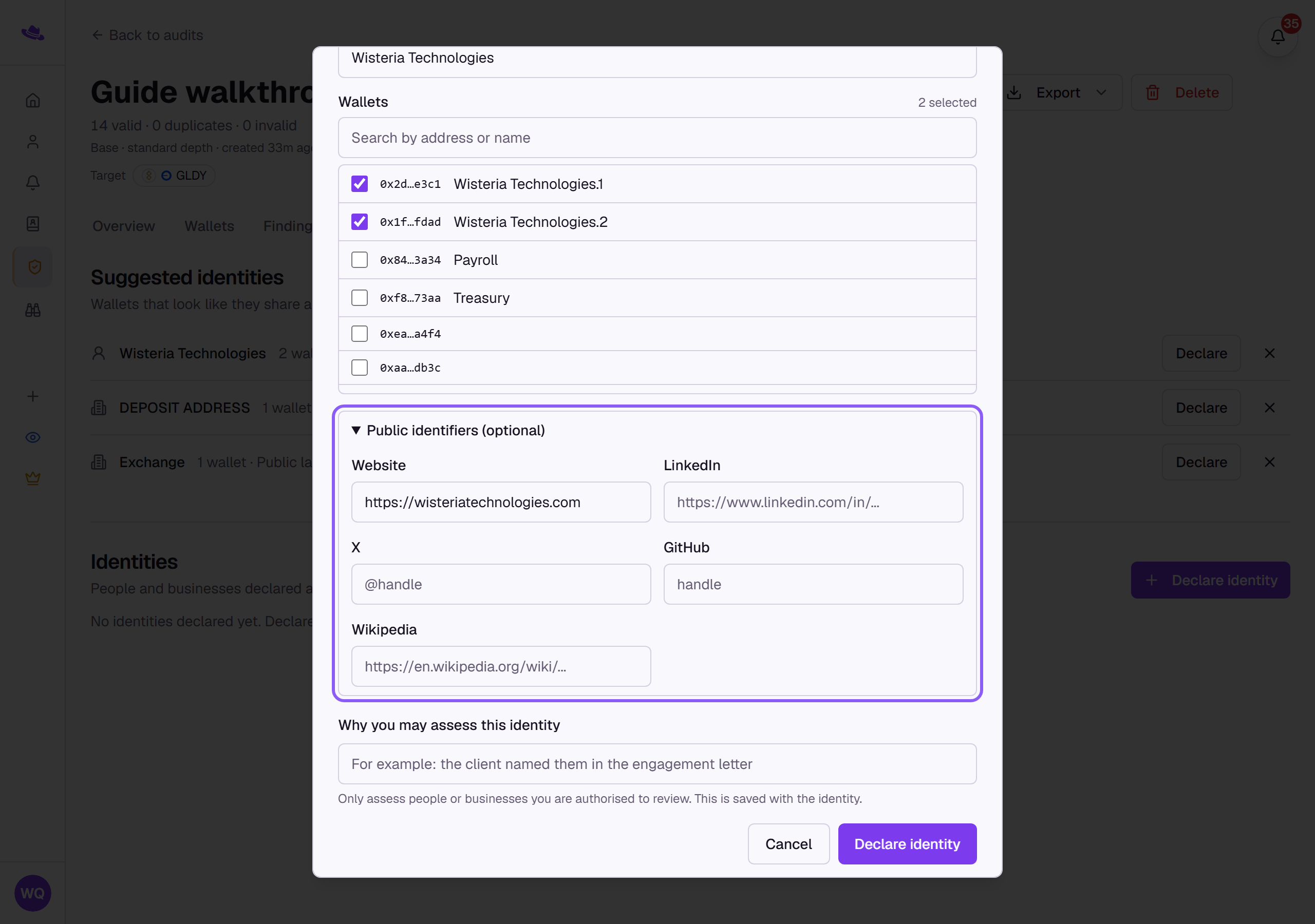 The Public identifiers section opened and highlighted, with a website entered