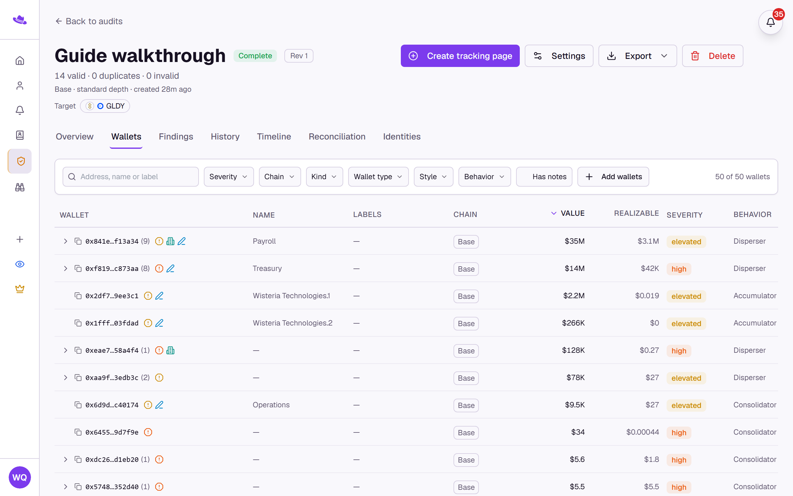 The Wallets tab: the search and filter toolbar above the wallet tree