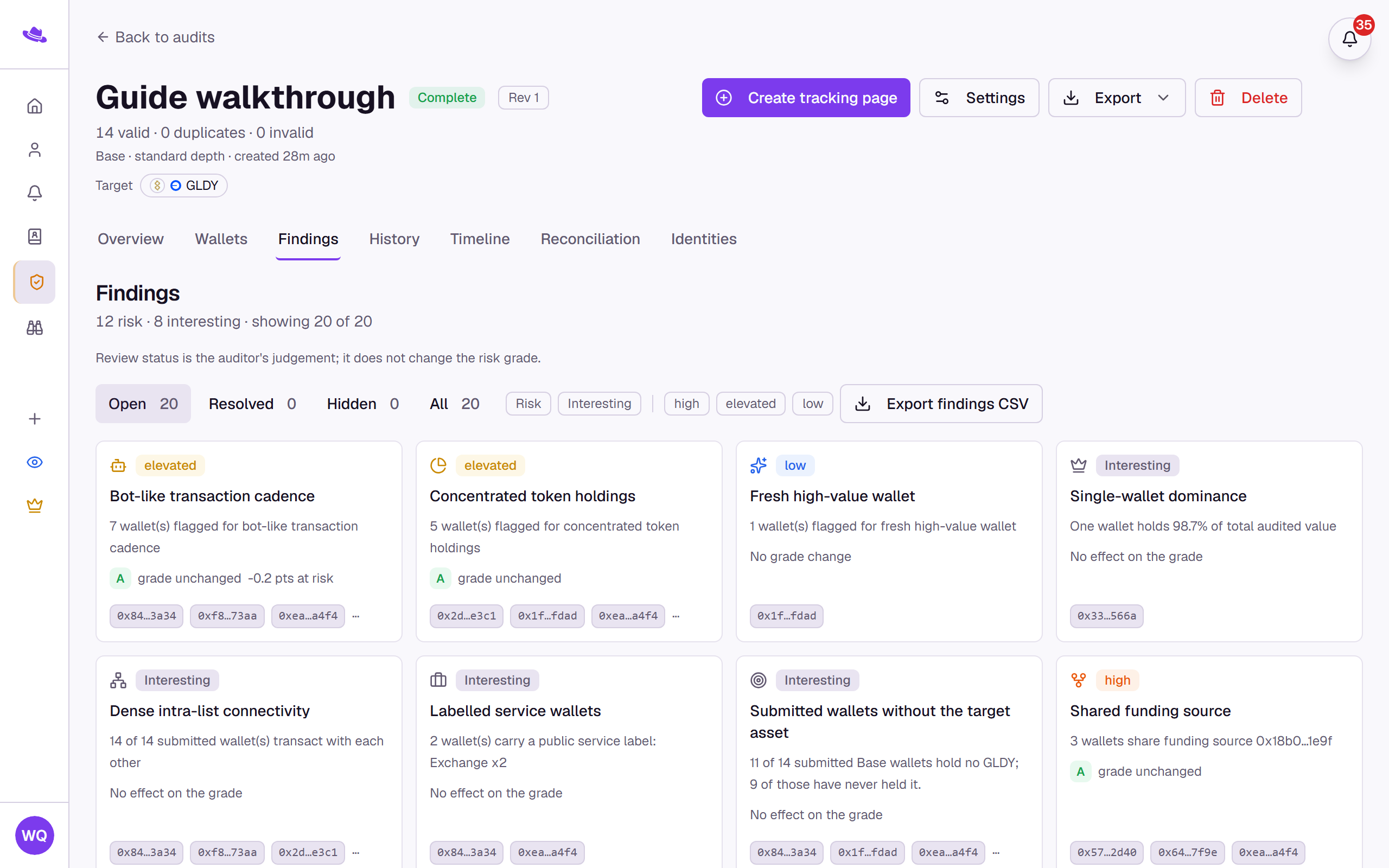 The Findings tab: the review-status and type filters above a grid of finding cards