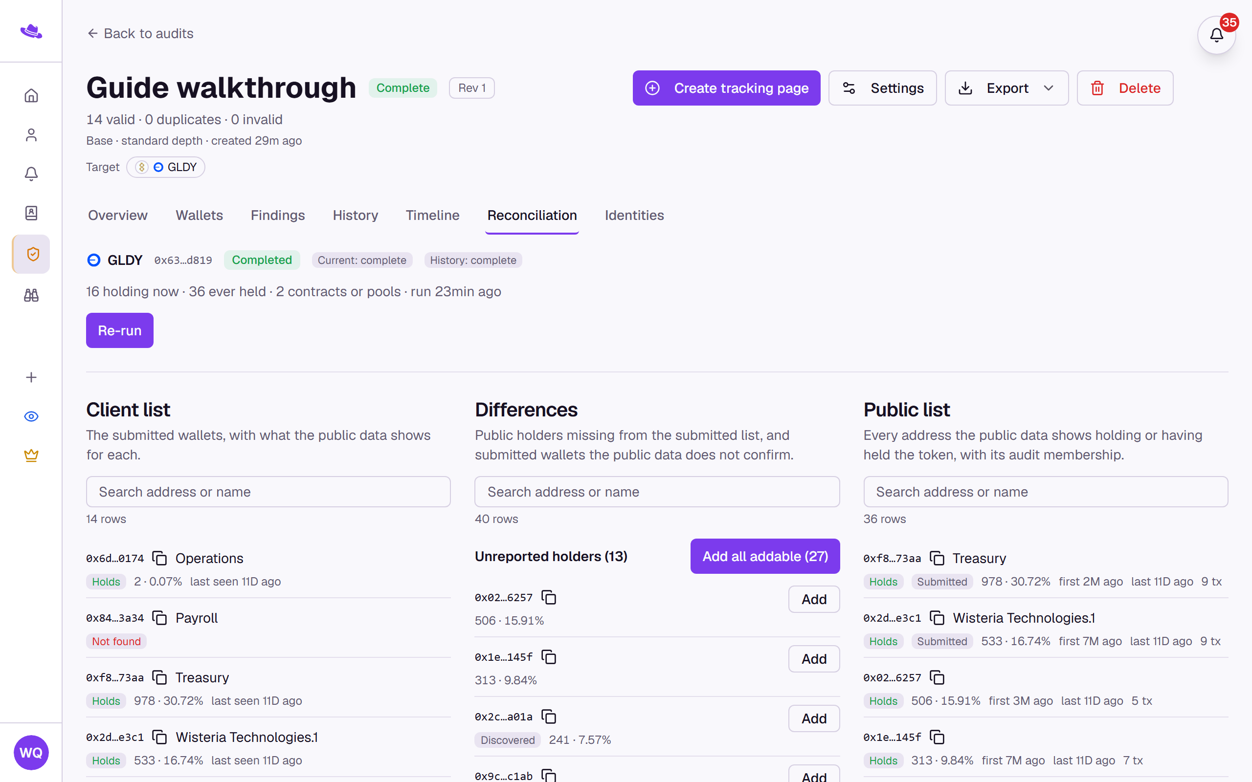 The Reconciliation tab: the target token's status line above the Client list, Differences, and Public list columns