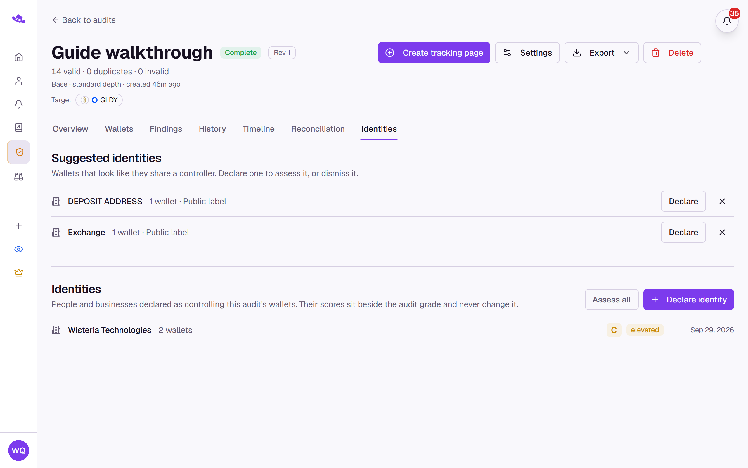 The Identities tab: a declared identity with its scores, under the suggested identities