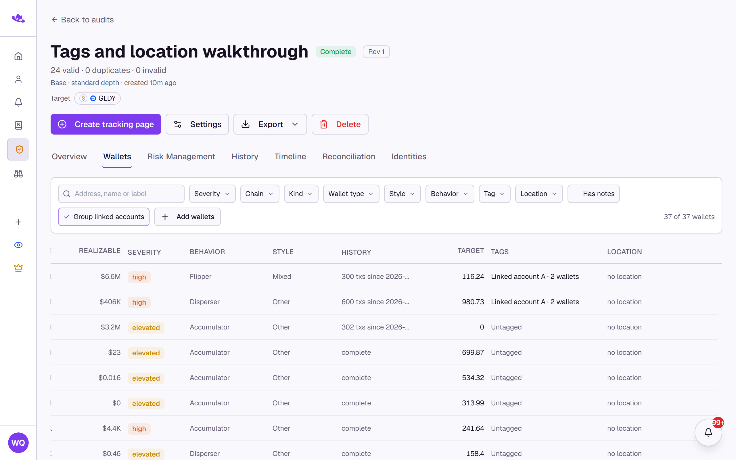 The Wallets tab scrolled to its Tags and Location columns, with Group linked accounts on: two wallets in Linked account A, the rest untagged with no location