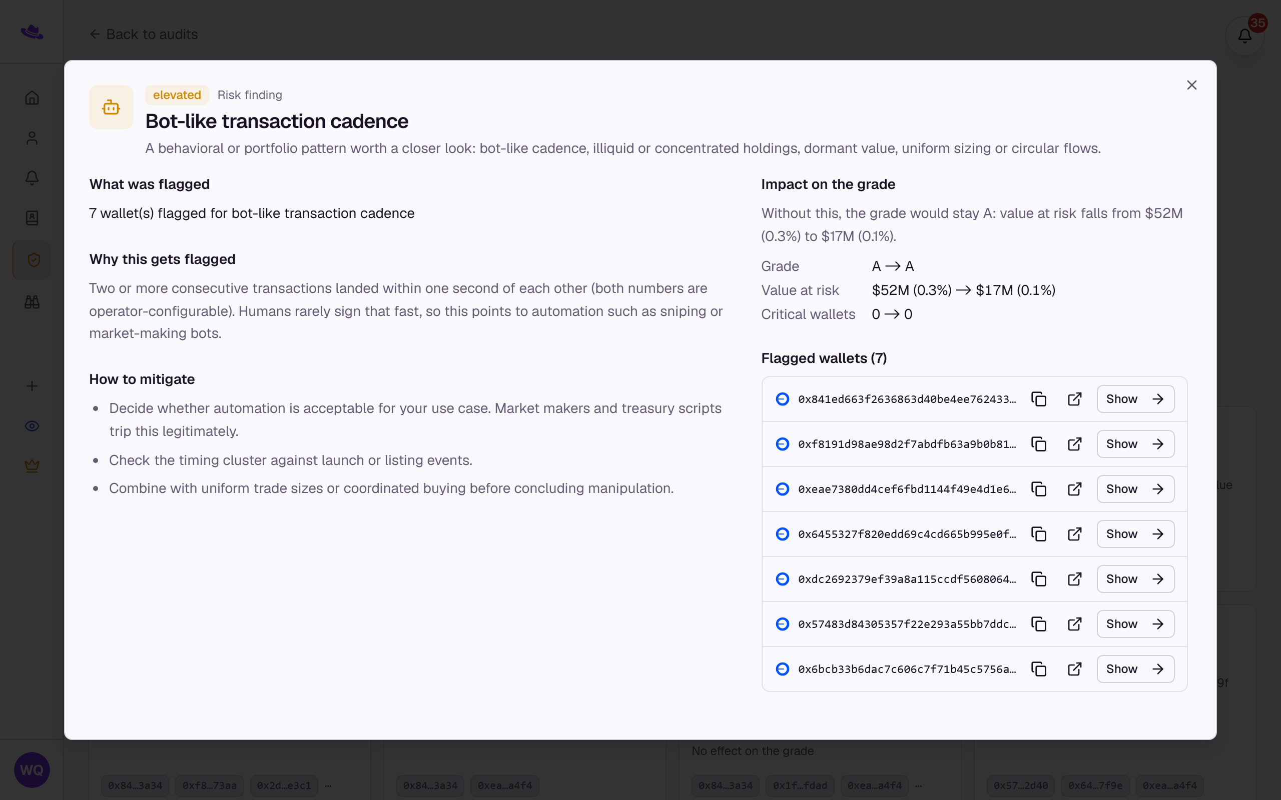 A finding's inspect dialog: what was flagged, why, how to mitigate it, and the Review panel