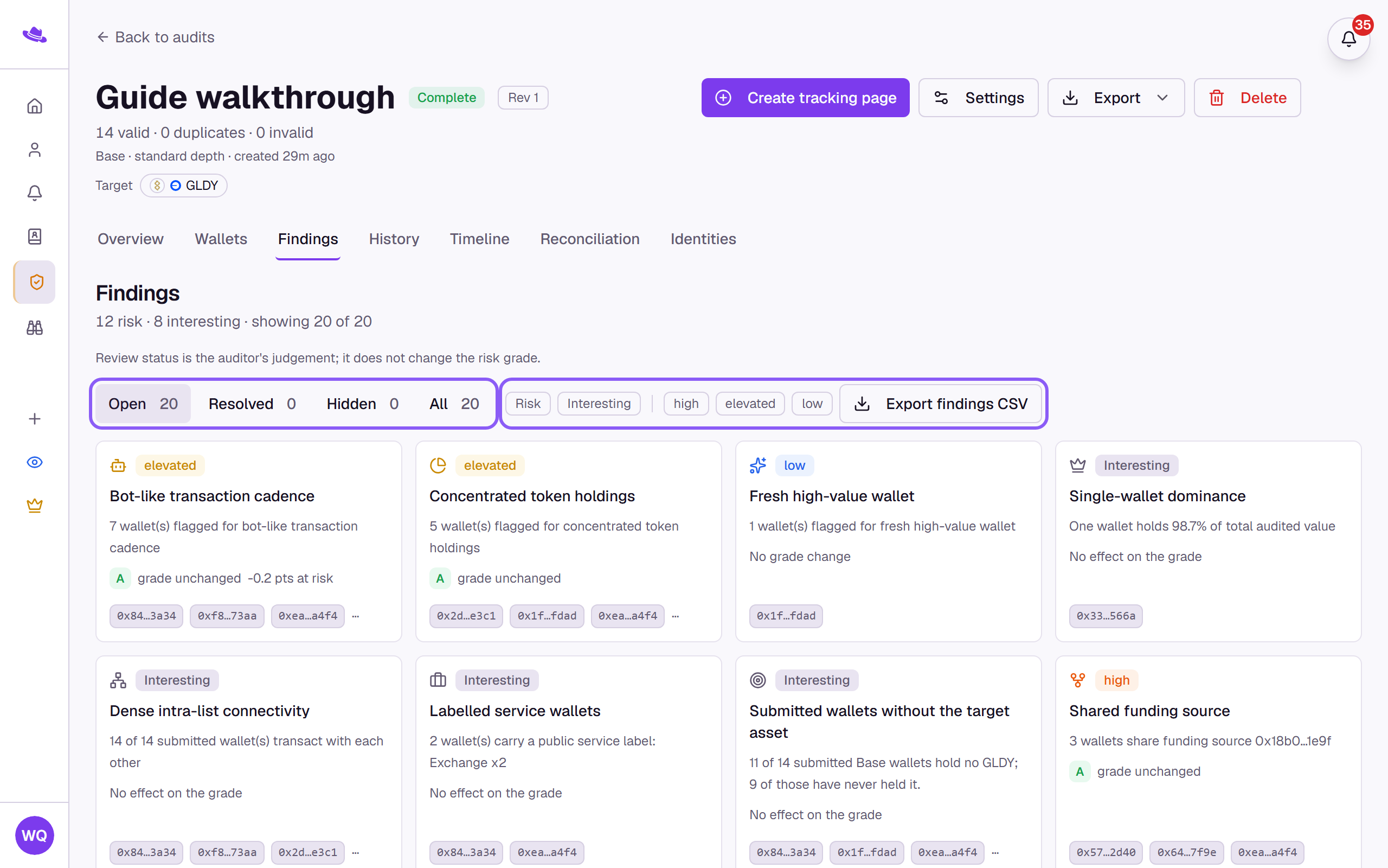 The review-status filter and the type and severity buttons highlighted above the finding cards
