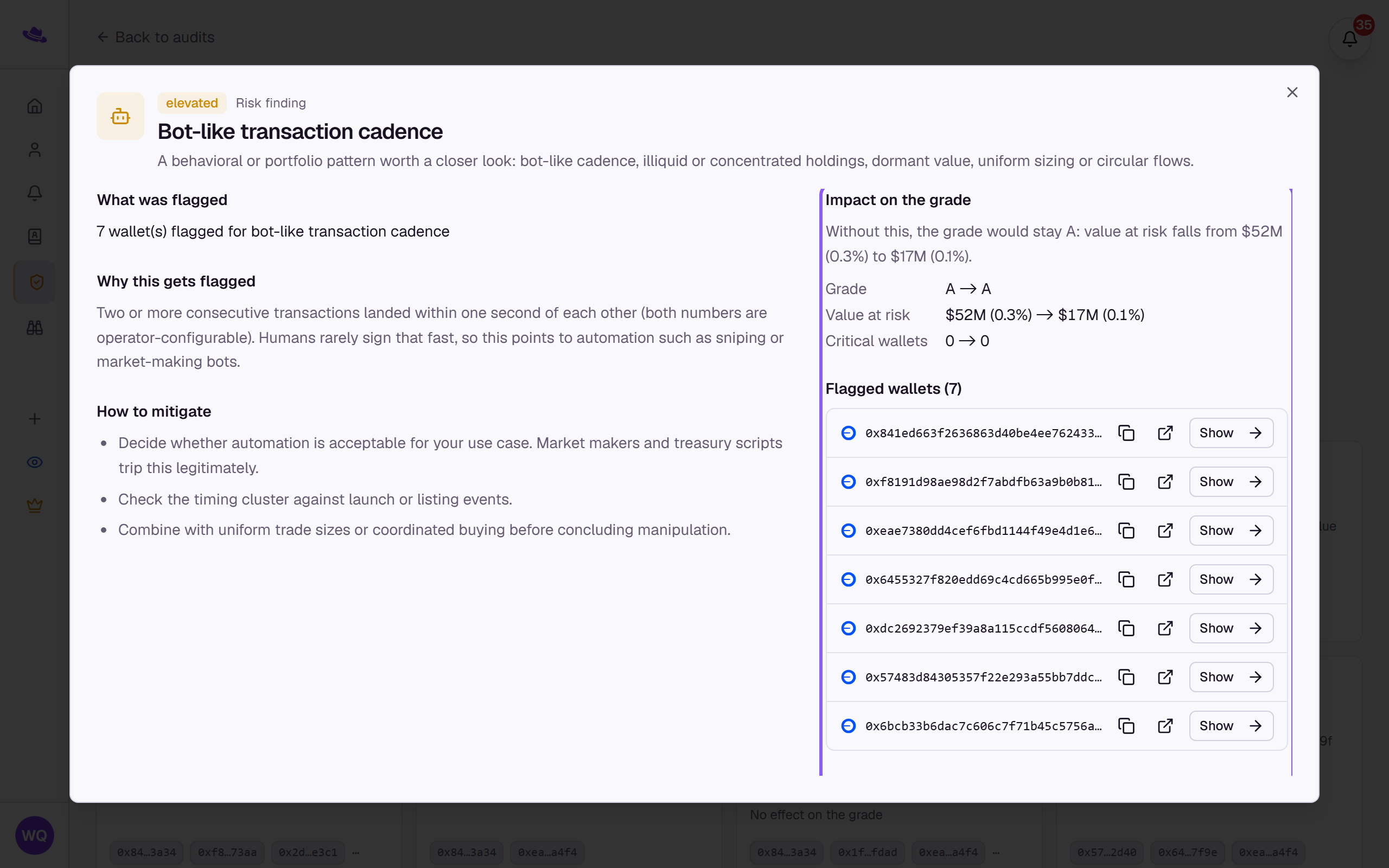 The finding dialog with its Impact on the grade block and flagged wallets highlighted