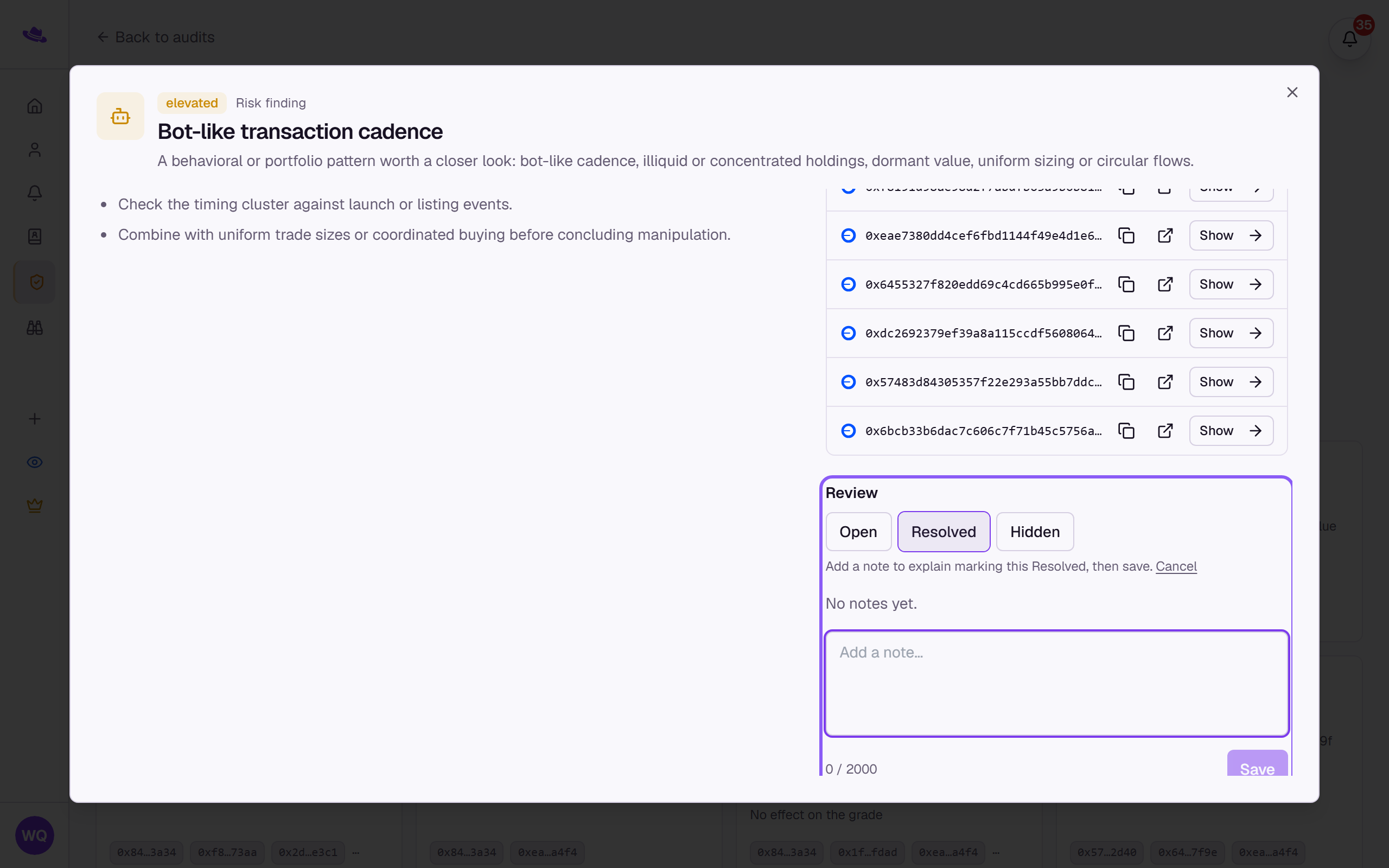 The Review panel highlighted with Resolved selected and the note field ready