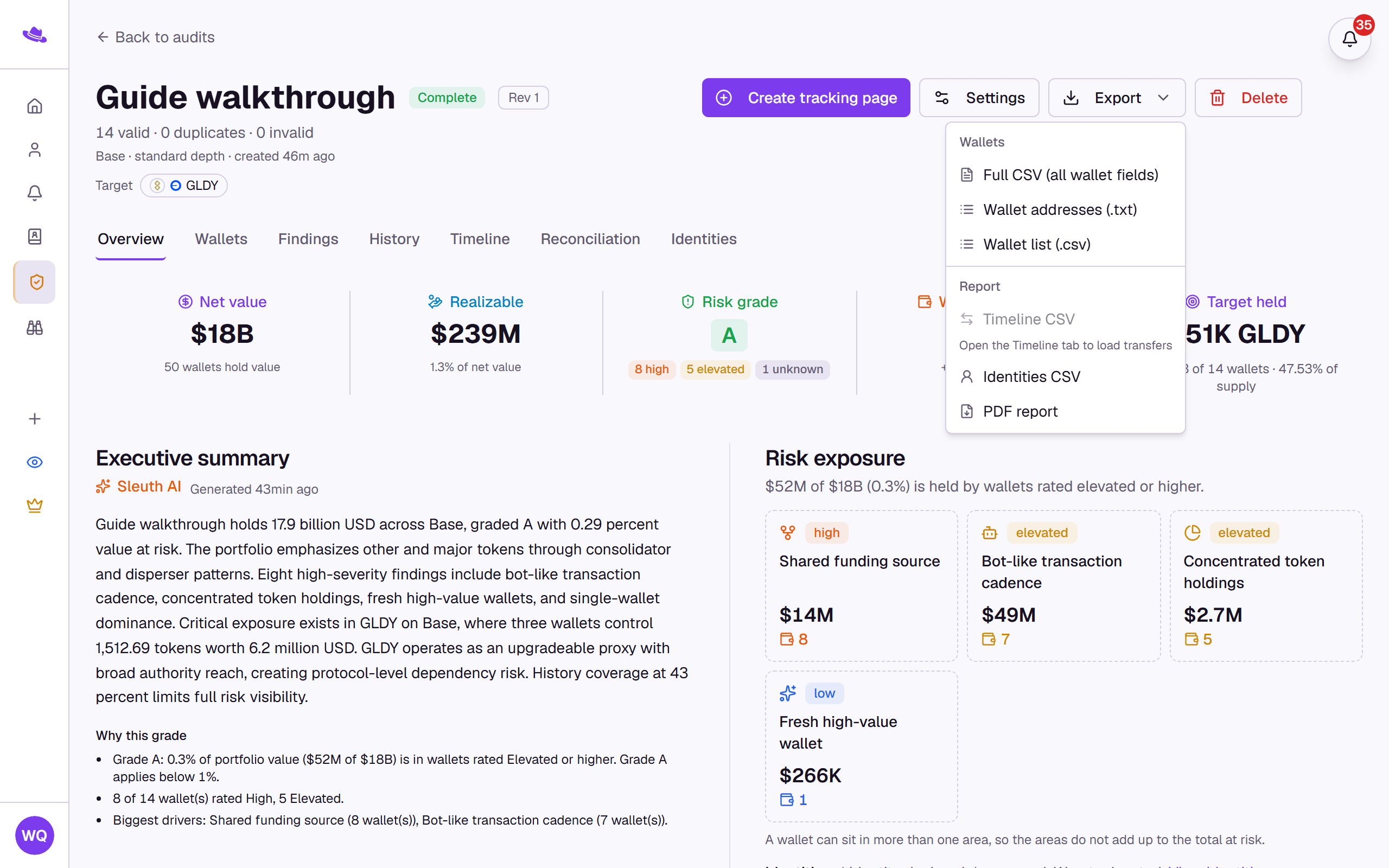 The report header's Export menu open, listing the wallet and report download options
