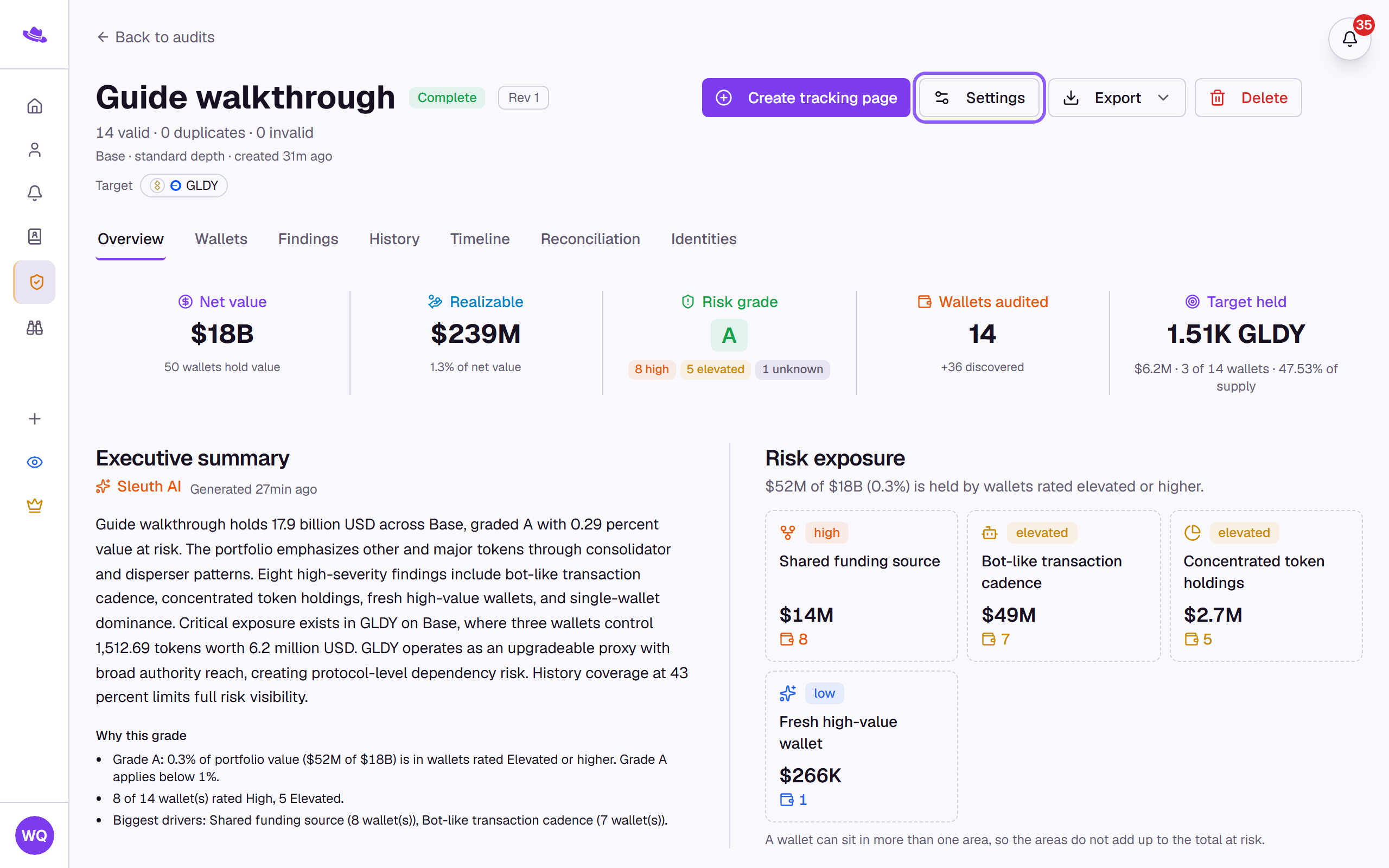 The report header with the Settings button highlighted