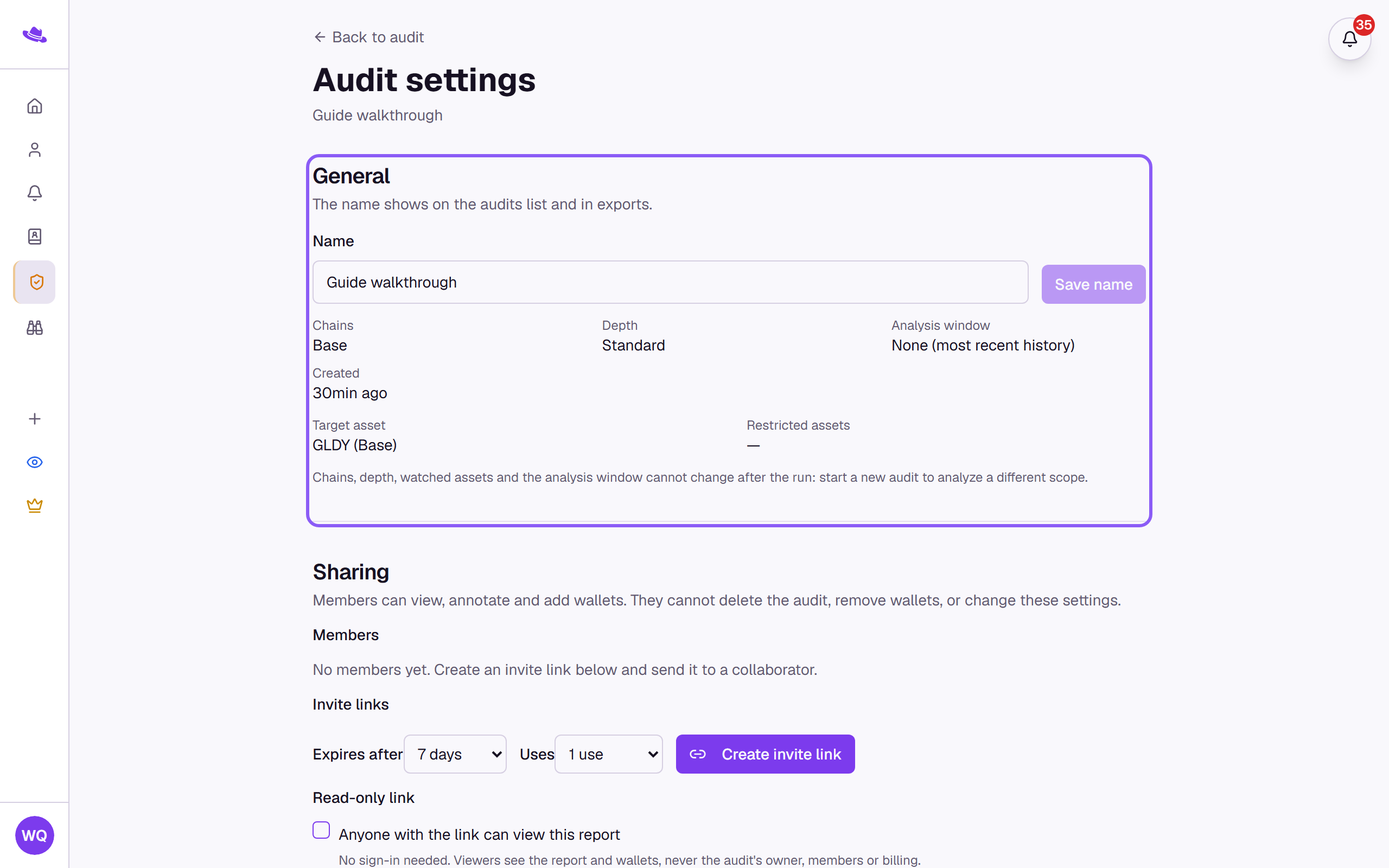 The Audit settings page with the General section highlighted