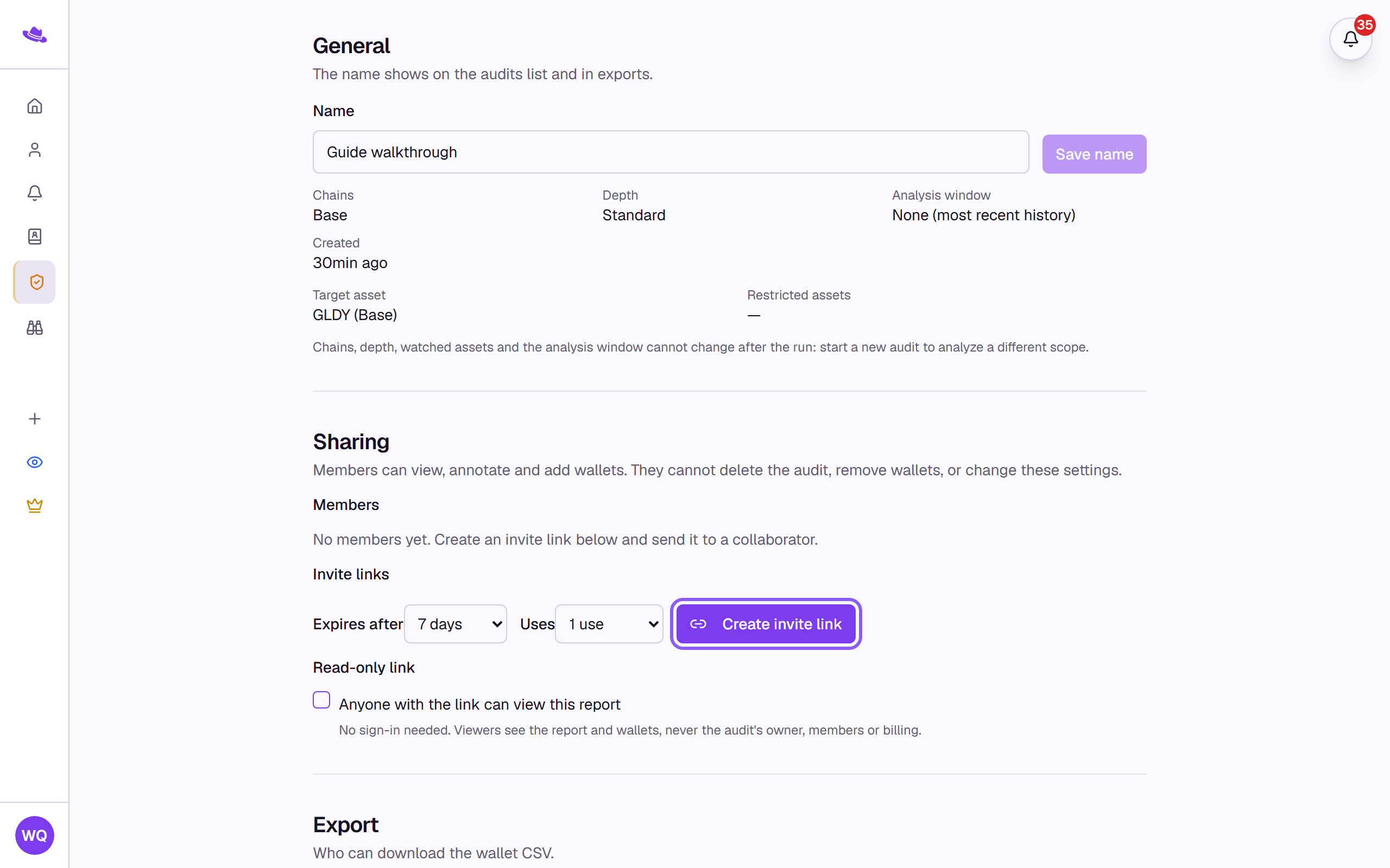 The Sharing section's invite link controls, expiry, use limit and Create invite link, highlighted